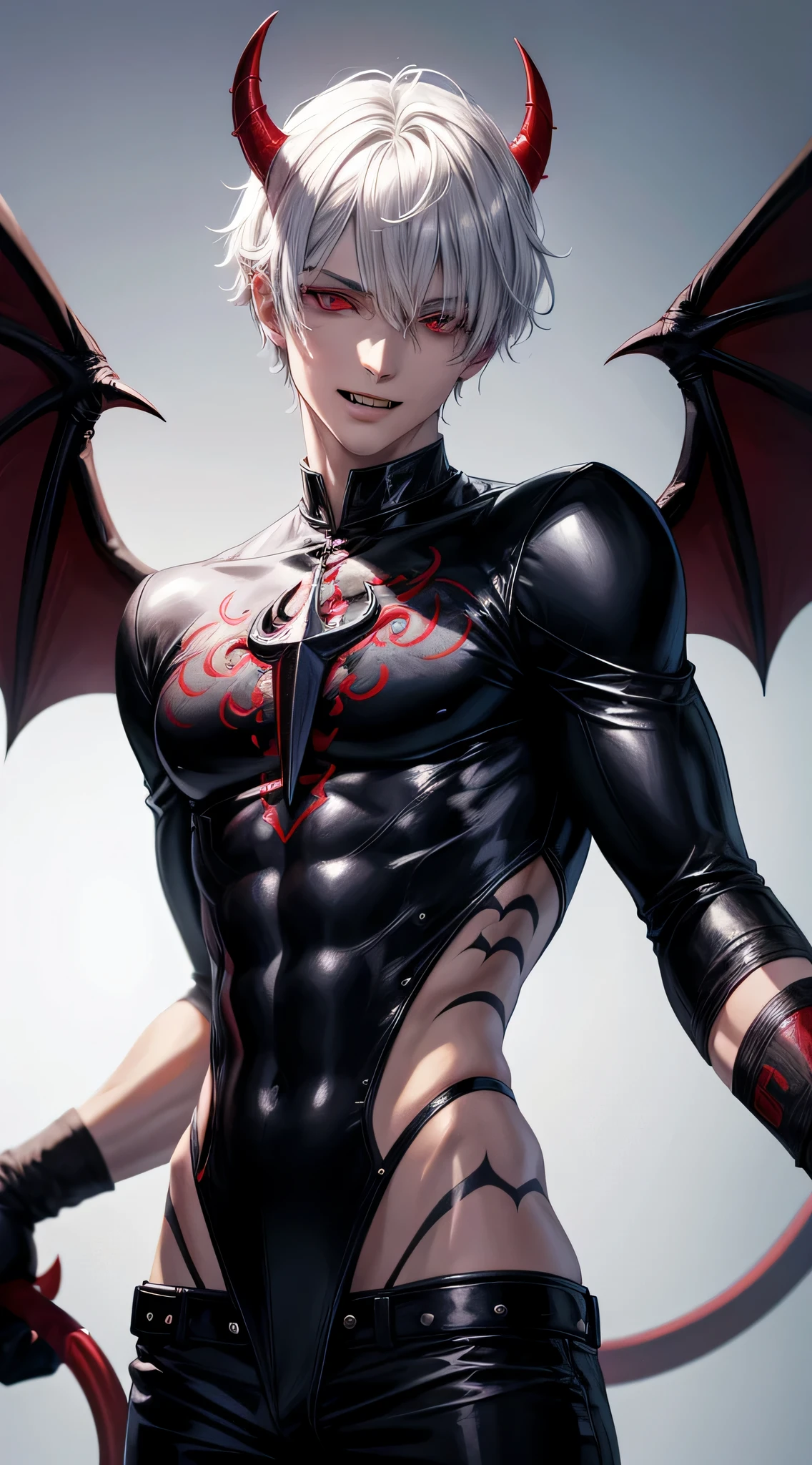 mature male, Demon, white colored hair, Short hair, Horns, blue eyes, demon wings, Seduction Smile, topless male, muscular, leather belts, BDSM, leather pants, (view from bottom:1.5)