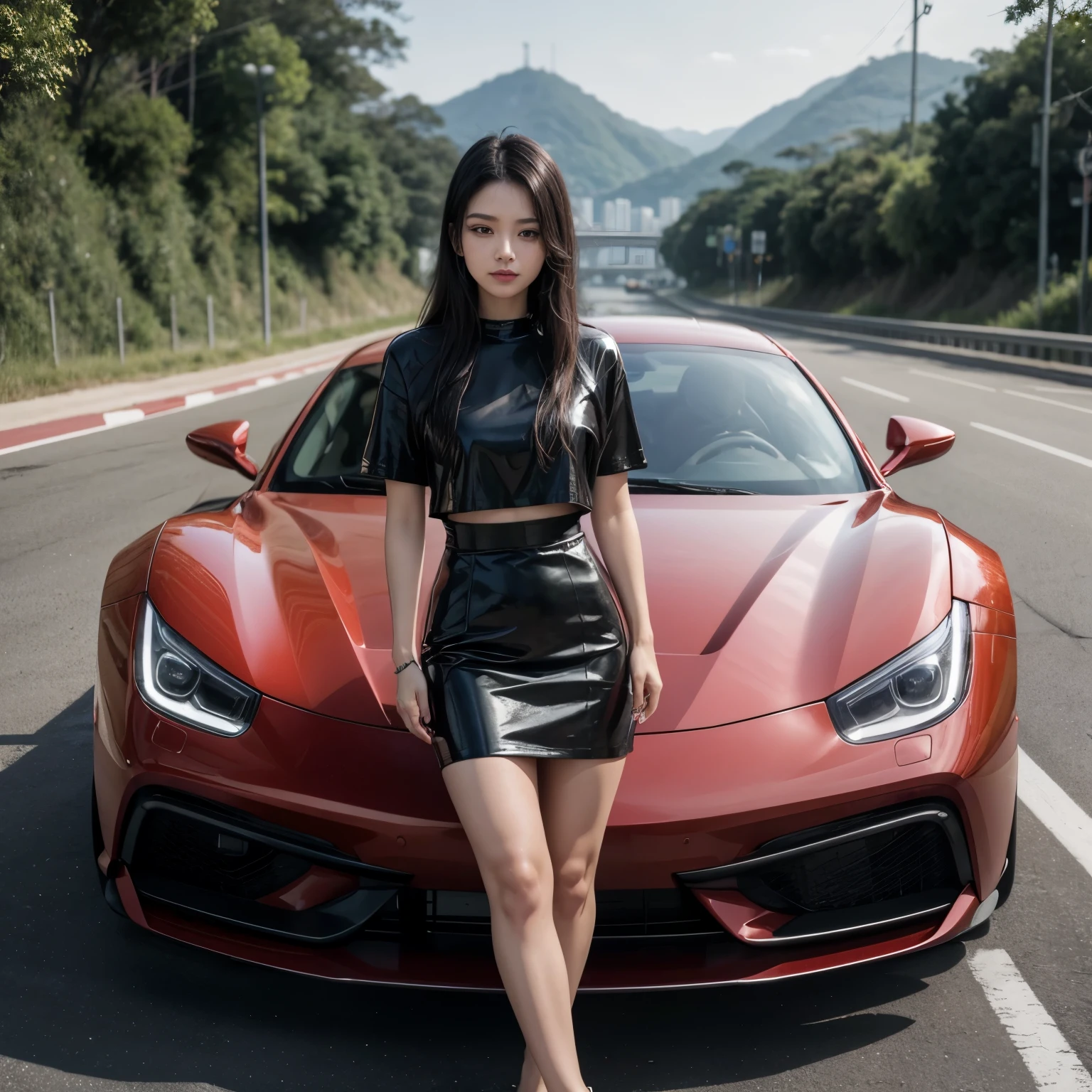 (A melhor qualidade, 8K, Obra-prima :1.2), hiperrealista, uma Ferrari 488 vermelha em uma montanha na cidade do Rio de Janeiro, Brasil, Cristo Redentor ao fundo, A beautiful Korean girl with black hair looking at the landscape ,((corpo inteiro)),foto detalhada, make it look real,She in front of a beautiful red car, bring me the realistic image