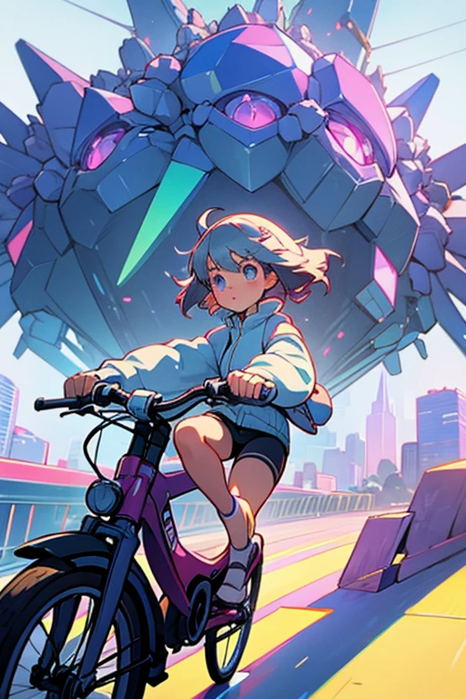 cute anime girl rides a bicycle, in running shorts, short shorts, A complex crystal structure in a futuristic city