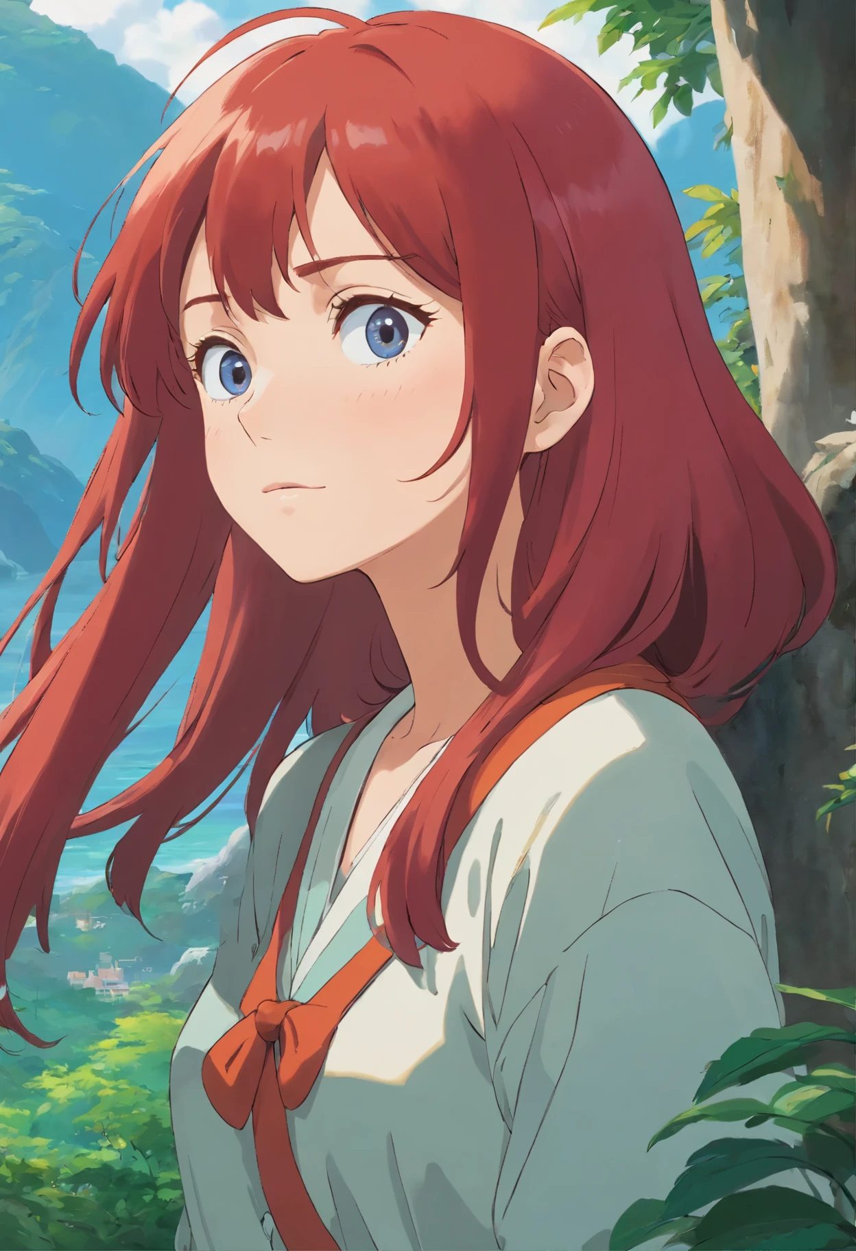 A Red Hair Woman next to a Clift, Dawn, photoreal