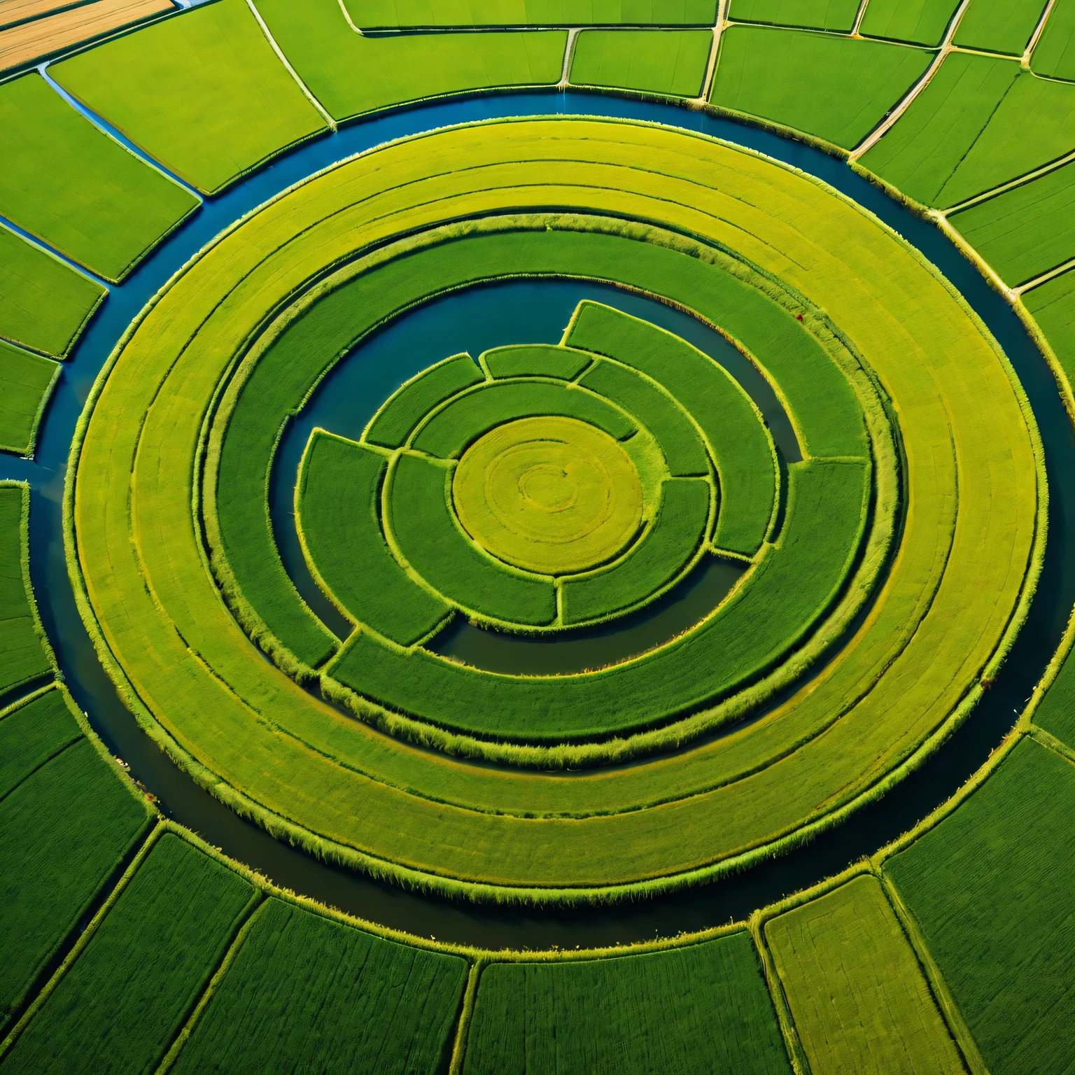 bird'eye view:Rice field strange circle,(best quality、Ultra-fine、lifelike:1.37)、(bright colors、Vibrant shades)、(landscape、nature)、(complex patterns、geometry)、(mystery、interesting)、(dazzling sunshine、warm light)、(Luxurious colors、surreal)、(majestic aerial perspective)、(Precise and symmetrical)、(charming beauty)、(mystery的符号)、(Stunning art display)、(charming scenery),(complex crop structure),(ethereal,magic),(marvel at complexity),(Incomprehensible patterns),(Really great),(ancient secrets),(extraodinary masterpiece)。