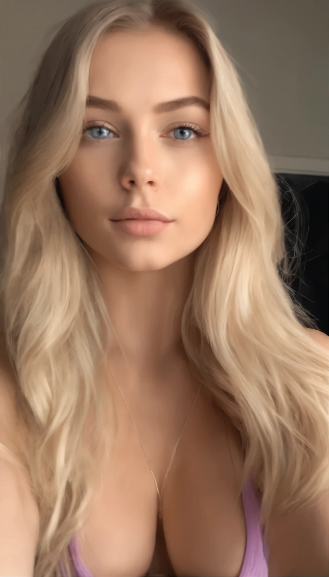 arafed woman with matching tank top and panties, long blonde hair, sexy girl with blue eyes, portrait sophie mudd, blonde hair and large eyes, selfie of a young woman, bedroom eyes, violet myers, without makeup, natural makeup, looking directly at the camera, face with artgram, subtle makeup, stunning full body shot, in bedroom, cleavage