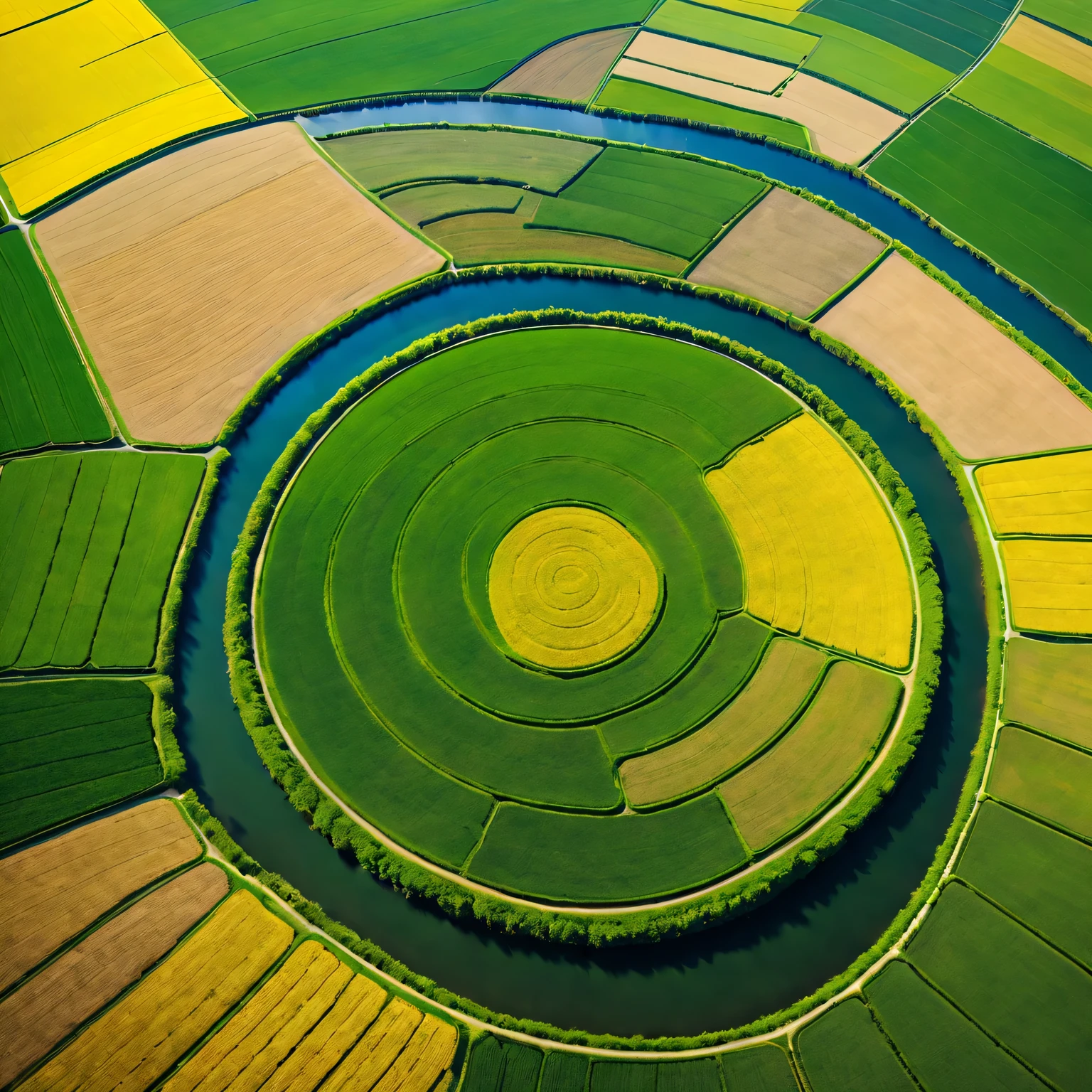 bird&#39;eye view：Rice field strange circle，（best quality、Ultra-fine、lifelike：1.37）、（bright colors、Vibrant shades）、（landscape、nature）、（complex patterns、geometry）、（mystery、interesting）、（dazzling sunshine、warm light）、（Luxurious colors、surreal）、（majestic aerial perspective）、（Precise and symmetrical）、（charming beauty）、（mystery的符号）、（Stunning art display）、（charming scenery），（complex crop structure），（ethereal，magic），（marvel at complexity），（Incomprehensible patterns），（Really great），（ancient secrets），（extraodinary masterpiece）。