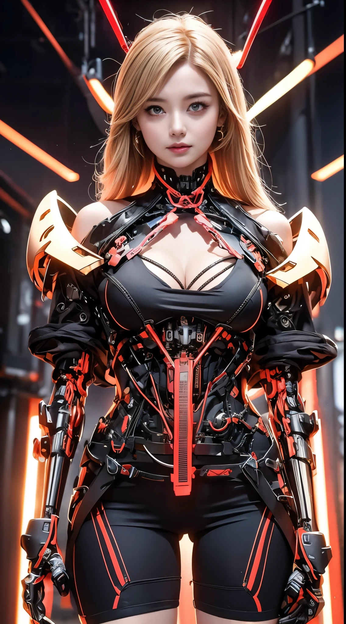 (1 Mechanical Girl)、highest quality、masterpiece、超A high resolution、(Photoreal:1.4)、RAW photo、1 girl、golden hair、glowing skin、(((1 Mechanical Girl)))、(Small LED)、((Ultra realistic details))、Portrait、global illumination、Shadow、octane rendering、8k、super sharp、big breasts、Raw skin exposed in cleavage、Metal、intricate decorative details、Japan details、very intricate details、realistic light、CG Society Trends、red eyes、shining eyes、towards the camera、neon detailechanical limbs)、(blood vessels connected to tubeechanical vertebrae attached to the back、cervical vertebrae mechanically attached to the neck、(Wires and cables connecting to the head)、gundam、Small LED、,mechanical thighs、two stock、