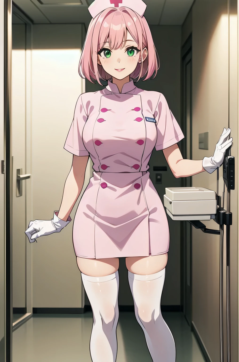 1 female, alone, nurse, nurse cap, white clothes, ((white legwear, zettai ryouiki)), white gloves, pink hair, green eyes, droopy eyes, pink lips, smile, Are standing, ((hospital room)), sharp outline, short sleeve, mature woman, 32 years old, highest quality, masterpiece