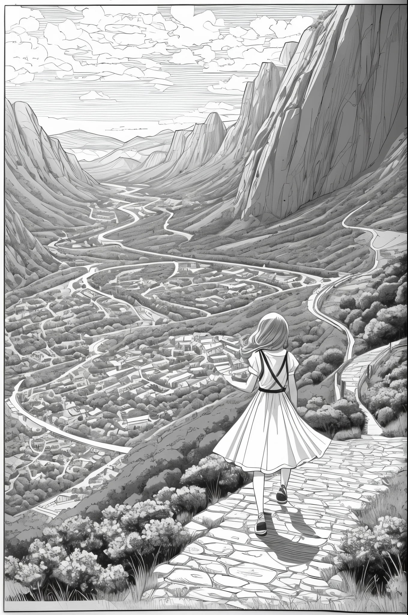 A coloring book for adults depicting a girl wearing a bright white dress walking along a mountain path with many gaps on either side of the mountain and vineyards. Women should be portrayed as beautiful as Emma Watson. The girl in the photo is looking up at the sky. It's a sunny day without a single cloud. Brightly illuminates the scene from the front, making the details of the scene brighter. The path and blue sky in the painting emphasize the vibrant environment. Brightly illuminates the scene from the front, making the details of the scene brighter. Its fine ink line art, Comic style, Beautiful curves of the human body, Ink blending, Manga style, comic artstyle, pencil and ink manga drawing. (High contrast, sketch, monochrome, clean line drawings for coloring books, whitening the entire screen: 1.3)
