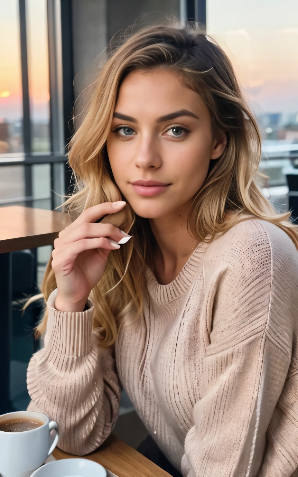 beautiful blonde wearing pink sweater (sipping coffee inside a modern café at sunset), very detailed, 21 years old, innocent face, natural wavy hair, blue eyes, high resolution, masterpiece, best quality, intricate details, highly detailed, sharp focus, detailed skin, realistic skin texture, texture, detailed eyes, professional, 4k, charming smile, shot on Canon, 85mm, shallow depth of field,  kodak vision color, perfect fit body, extremely detailed, foto_\(ultra\), photorealistic, realistic, post-processing, maximum detail, roughness, real life, ultra realistic, photorealism, photography, 8k uhd, photography