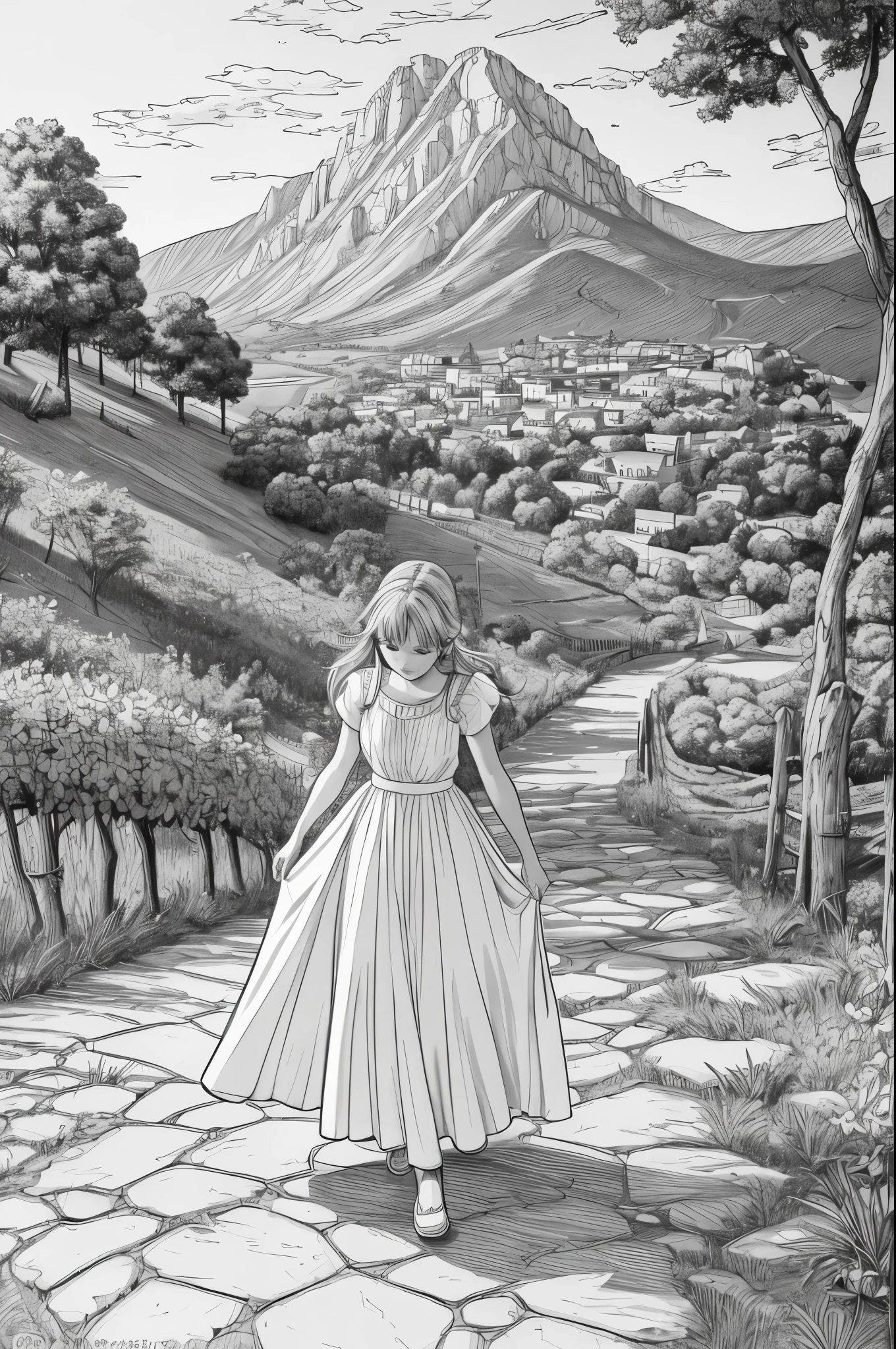 A coloring book for adults depicting a girl wearing a bright white dress walking along a mountain path with many gaps on either side of the mountain and vineyards. Women should be portrayed as beautiful as Emma Watson. The girl in the photo is looking up at the sky. It's a sunny day without a single cloud. Brightly illuminates the scene from the front, making the details of the scene brighter. The path and blue sky in the painting emphasize the vibrant environment. Brightly illuminates the scene from the front, making the details of the scene brighter. Its fine ink line art, Comic style, Beautiful curves of the human body, Ink blending, Manga style, comic artstyle, pencil and ink manga drawing. (High contrast, sketch, monochrome, clean line drawings for coloring books, whitening the entire screen: 1.3)