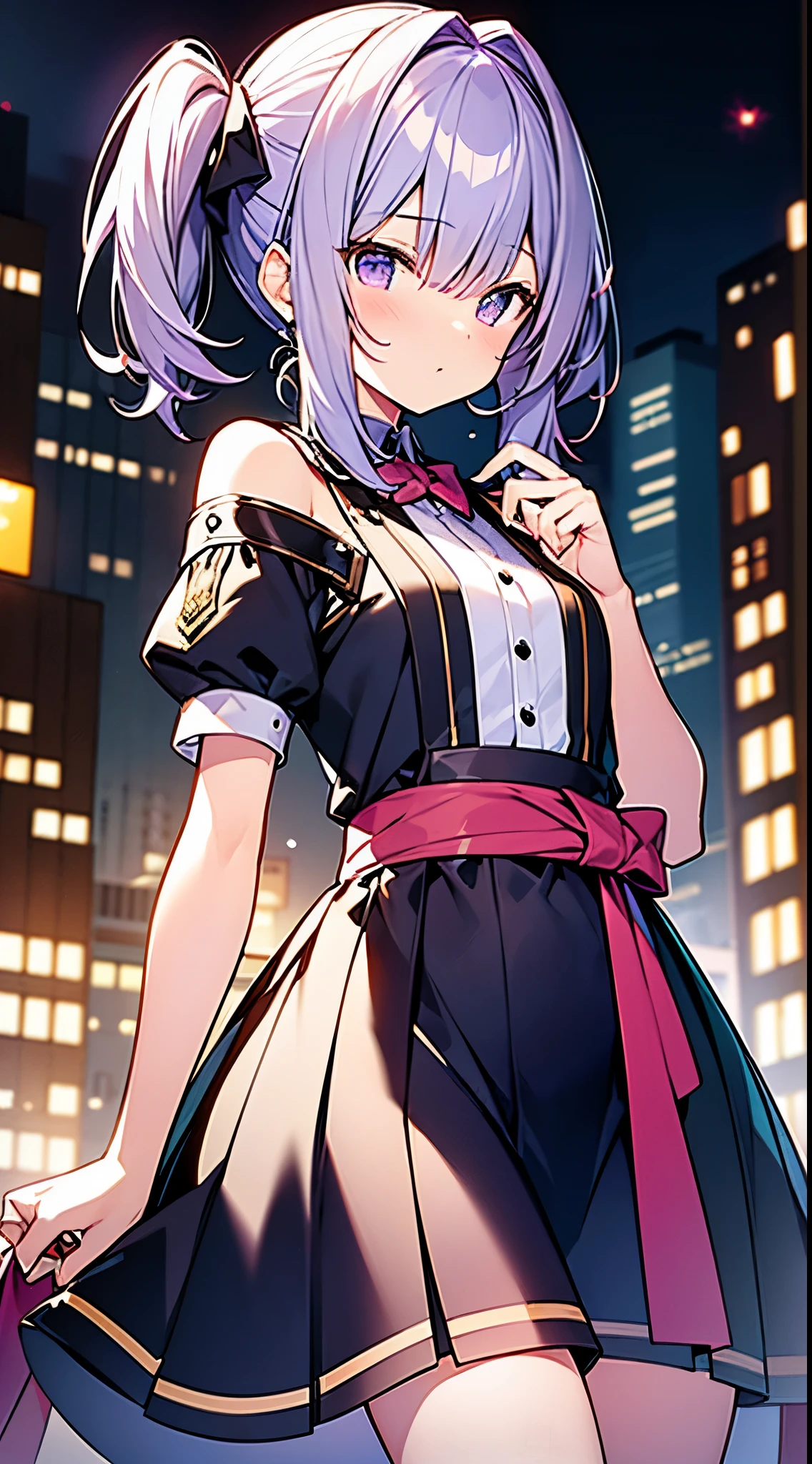 highest quality、masterpiece、super detailed face、low length、cute、Beautiful boy dressed as a woman \(Kimizono Nao\)、lilac hair、high short twintails、cinematic pose、cinematic effect