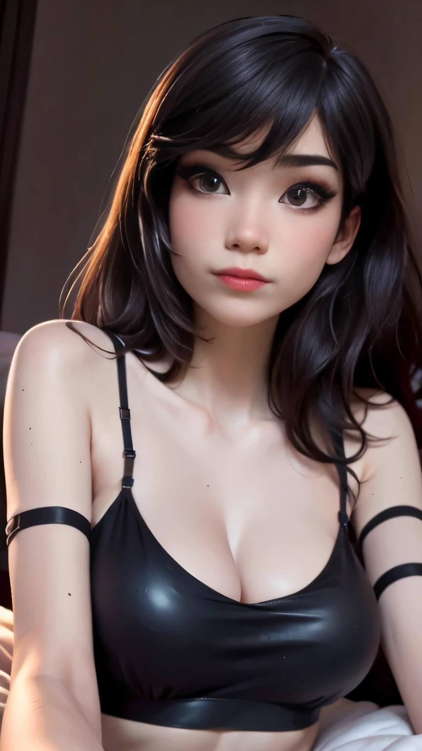 photo of Emiru, RAW, beautiful woman, ((portrait)), ((detailed face:1.2)), shy smile, ((detailed facial feature, detailed skin, clear skin), (perfect proportioned body), ((wearing spaghetti strap cropped top:1.5), (lying down on a bed, lying down on stomach, squished , looking at viewer, pov:1.3), (high detailed bedroom environment), (realistic photo, best quality, detailed), (8k wallpaper), (cinematic lighting, dramatic lighting) (sharp focus, intricate)