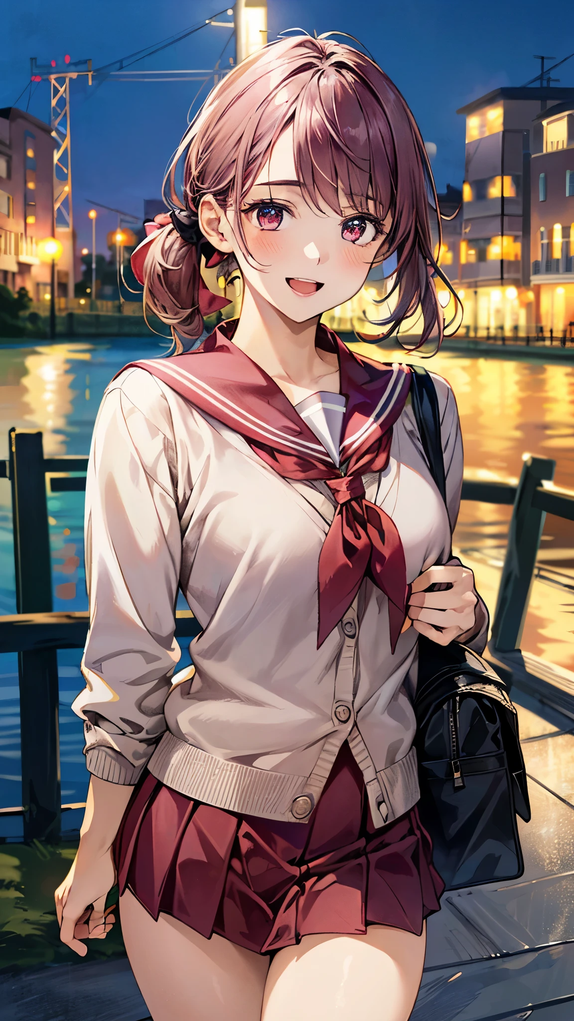 (masterpiece:1.2, top-quality, ultra high res, ultra detailed), (realistic, photorealistic:1.4), beautiful illustration, (natural side lighting, movie lighting),
looking at viewer, 1 girl, japanese, high school girl, 15 years old, perfect face, (perfect anatomy), cute and symmetrical face, shiny skin, slender,
(short hair, side ponytail, purple hair), asymmetrical bangs, dark red eyes, drooping eyes, big eyes, long eye lasher, (medium breasts),
beautiful hair, beautiful face, beautiful detailed eyes, beautiful clavicle, beautiful body, beautiful chest, beautiful thigh, beautiful legs,
((insanely detailed clothes, dark pink cardigan, ぃghtruffle stand collar blouse, light pink skater skirt, sailor collar, red sailor scarf)), pink hair bow, navy school bag,
(beautiful scenery), depth of field, evening, (riverside, cityscape in the distance), (happy smile, open mouth),