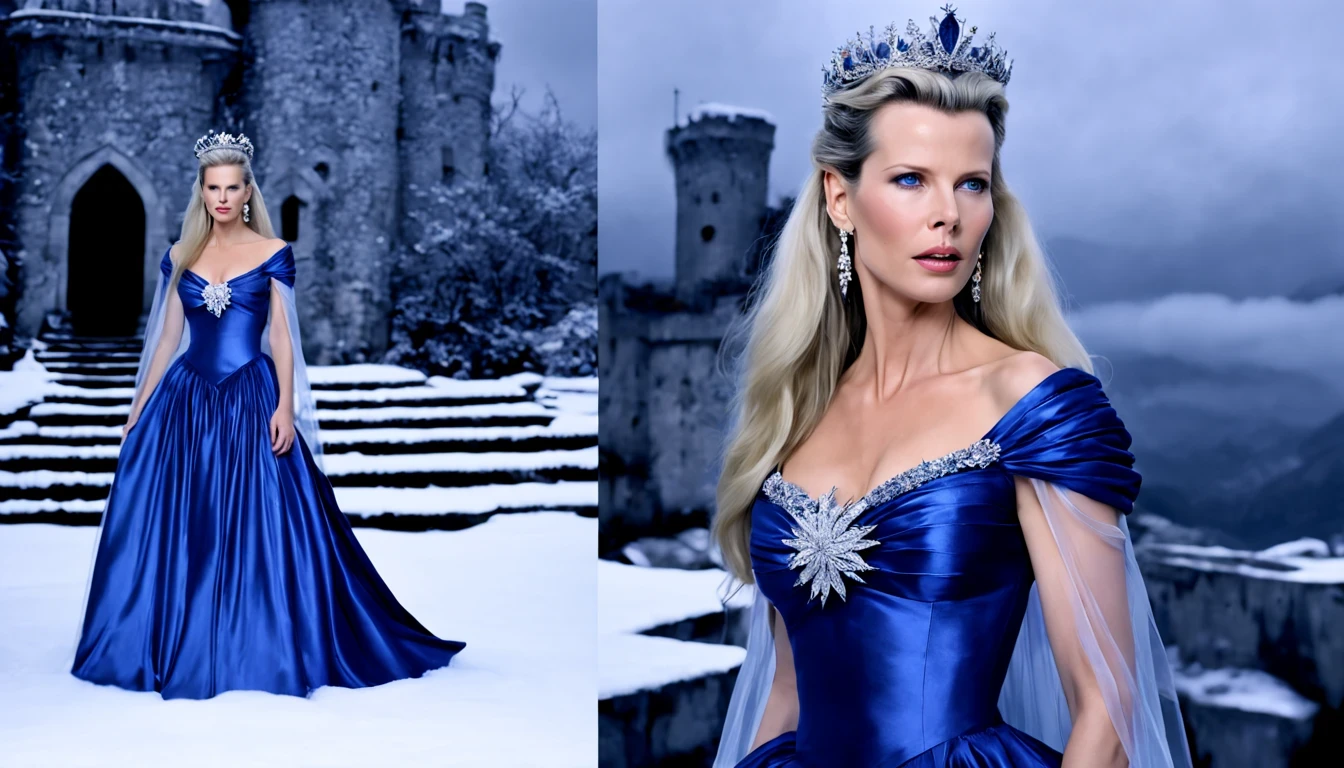 Kim Basinger como rainha do gelo, (27 anos), de corpo inteiro), O vestido Azul marinho, The skirt is long to the floor, paisagem de inverno, castelo de gelo ao fundo, noite clara e estrelada, long braided white hair, with a blue tiara on her head, (coroa eyerost azul),(gelado breath),(paisagem coberta de neve),(tempestade de neve),(treerozen congelado floragical),(hipnotizante),(prateado)(retrato),(sutil,soft lighting),(desmaiar,delicado,cores suaves)
