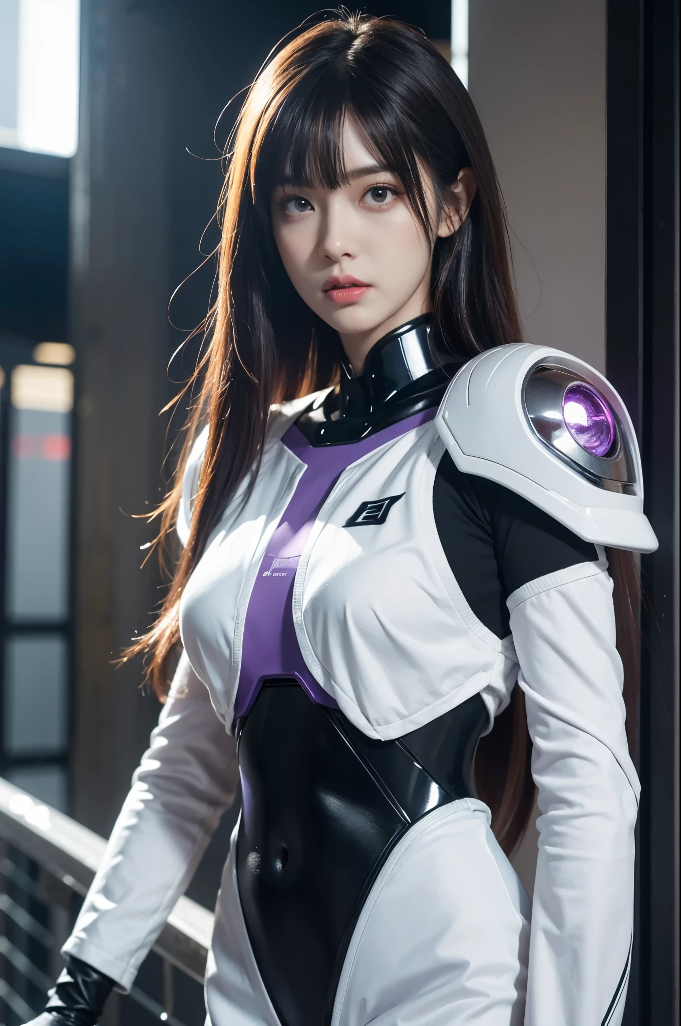 masterpiece, highest quality, figure, detailed and beautiful eyes, colorful background, mechanical prosthesis, Mecha coverage, A dark purple color appears on the other side of the white fur., pig tail, messy hair, Fluorescent purple, cool moves, rosy red eyes, Beautifully detailed cyberpunk city, colorful hair, beautiful delicate shine, 1 girl, No expression, cold look, Insanity, long bangs, long hair, race, dynamic composition, motion, super detailed, incredibly detailed, lots of details, Amazing details and brushstrokes, Smooth, HD semi-realistic anime CG concept art digital painting, Cyborg style,