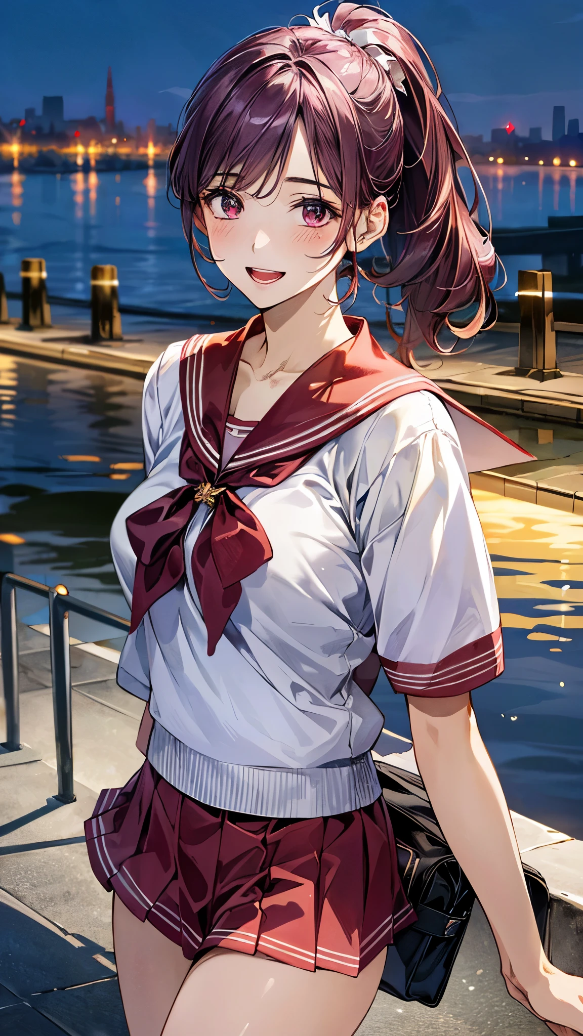 (masterpiece:1.2, top-quality, ultra high res, ultra detailed), (realistic, photorealistic:1.4), beautiful illustration, (natural side lighting, movie lighting),
looking at viewer, 1 girl, japanese, high school girl, , perfect face, (perfect anatomy), cute and symmetrical face, shiny skin, slender,
(short hair, side ponytail, purple hair), asymmetrical bangs, dark red eyes, drooping eyes, big eyes, long eye lasher, (medium breasts),
beautiful hair, beautiful face, beautiful detailed eyes, beautiful clavicle, beautiful body, beautiful chest, beautiful thigh, beautiful legs,
((insanely detailed clothes, light blue short cardigan, light purple ruffle stand collar blouse, light pink skater skirt, sailor collar, red sailor scarf)), pink hair bow, navy school bag,
(beautiful scenery), depth of field, evening, (riverside, cityscape in the distance), (happy smile, open mouth),
