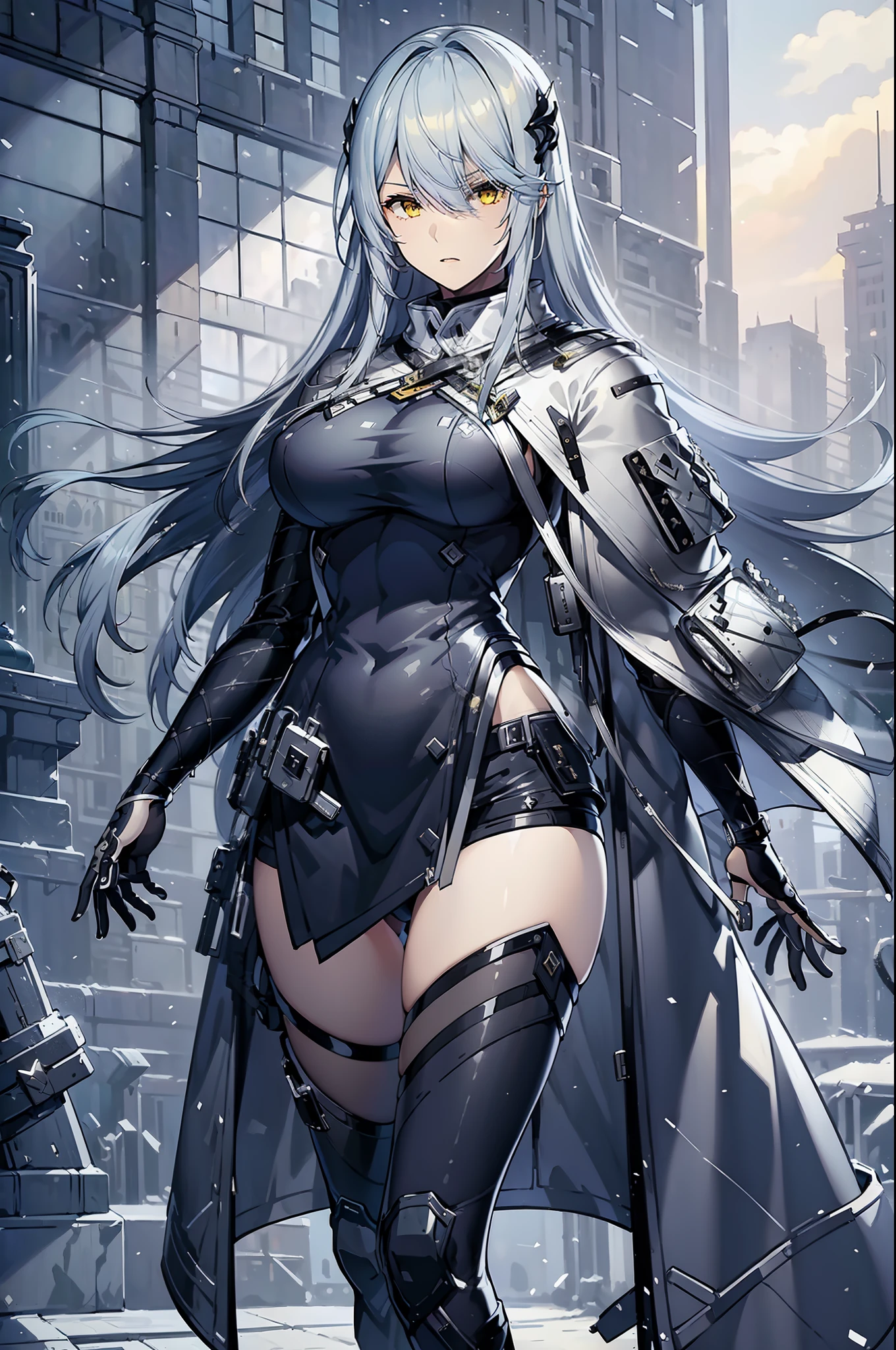 (best quality:1.3), (masterpiece:1.3), (illustration:1.3), (ultra-detailed:1.3), ((Best quality)), 1girl, silver hair, medium breasts, solo, holster, coat, cape, military, indoors, hair ornament, yellow eyes, white jacket, gloves, boots,, mature, tall, thighs, black shorts,