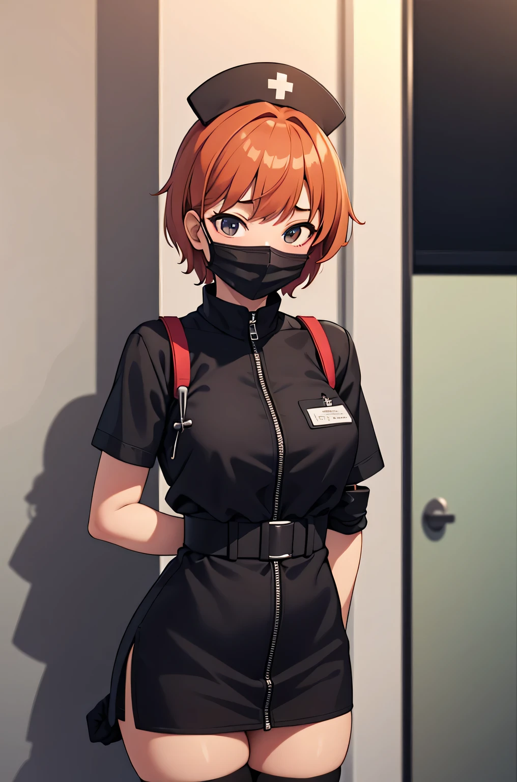 black nurse, 1 girl, alone, black nurse cap, Blackware, ((black legwear, zettai ryouiki)), black elbow gloves, very short hair, orange hair, ((black surgical mask, covered nose)), Are standing, ((operating room)), sharp outline, short sleeve, Tomboy, boyish, highest quality, masterpiece