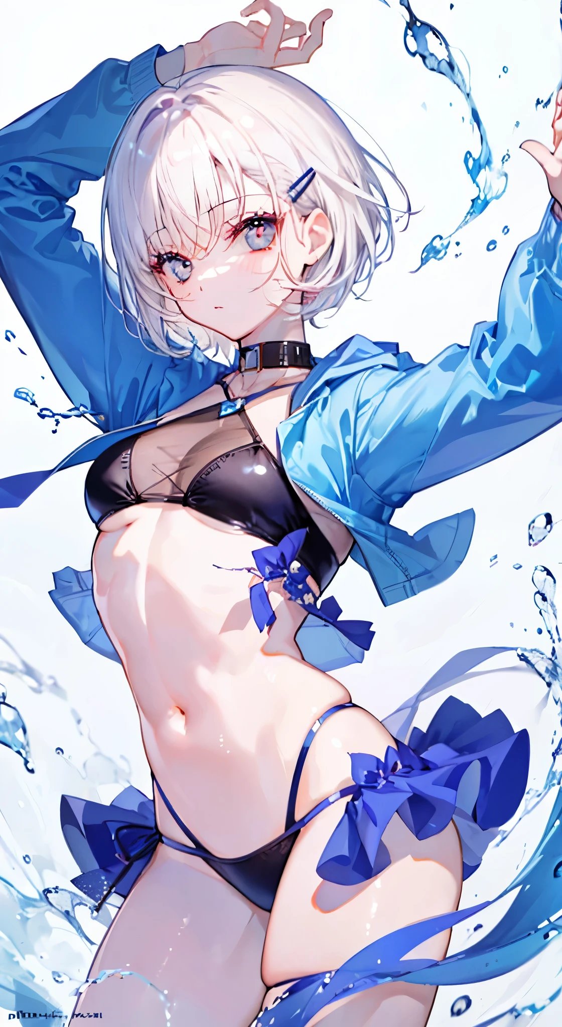 "(perfect masterpiece:1.2), (highest quality:1.2), stunning face, compensate, long and luxurious eyelashes, lip whole, irresistible charisma.",belly button,(((girl like boy))),(((very short hair))),abs,raised his arms,NSFW,(((muscle))),ruffle bikini,hair clip,wallpaper,white hair,small breasts,pixie cut,Forehead,amount
