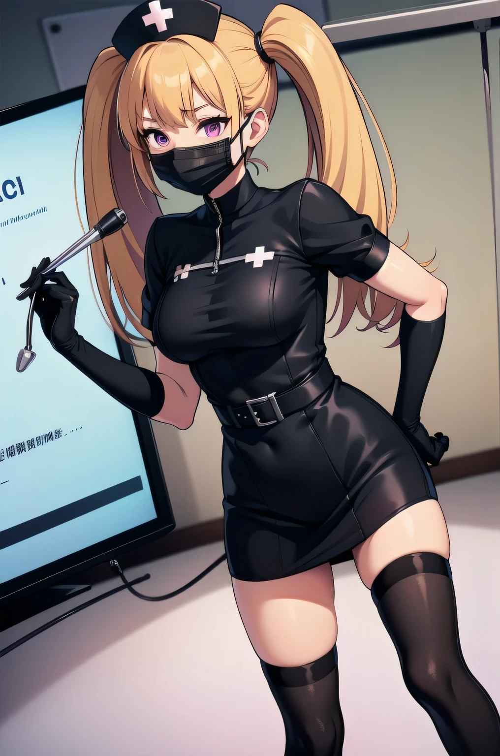 black nurse, 1woman, solo, black nurse cap, black wear, ((black legwear, zettai ryouiki)), black elbow gloves, blonde hair, blue eyes, ((black surgical mask, covered nose)), standing, ((surgery room)), sharp outline, short sleeves, mature female, 35 years old, best quality, masterpiece