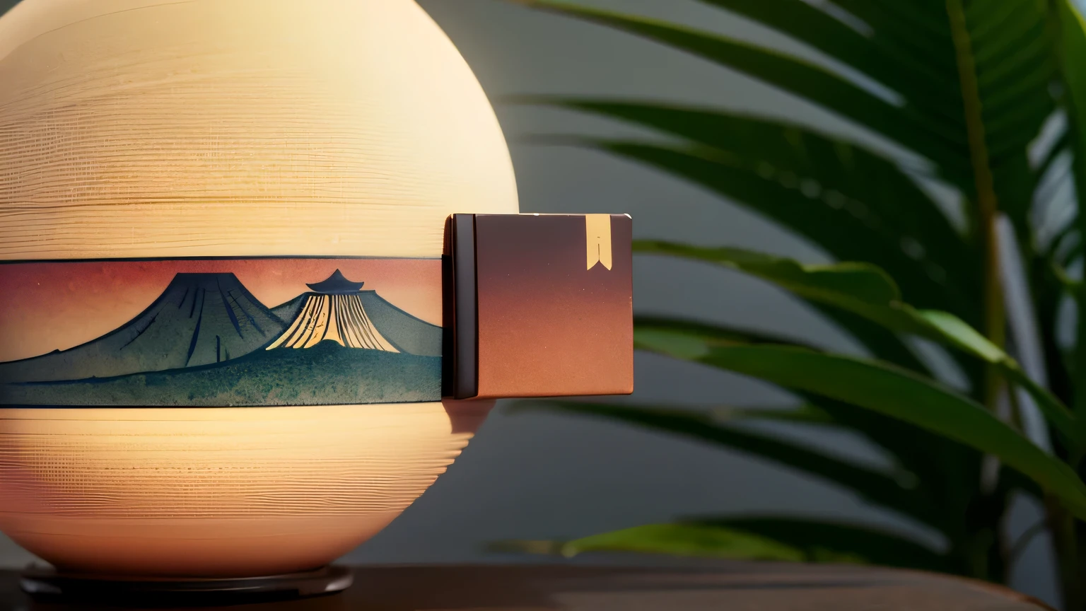 (8k, masterpiece，best quality), Super detailed, beautiful details, lifelike, There is a square object in the middle of the screen，There is a bookmark arrow-shaped decoration in the upper right corner of the product..,surrounded by plants，cup，seat，(traditional japanese architecture)，(outdoor)，soft sunshine，shadow，High grade gray，Award-winning, Material Design, Rich and charming soft gradients, (Ukiyo-e art style)，depth of field，16:9

