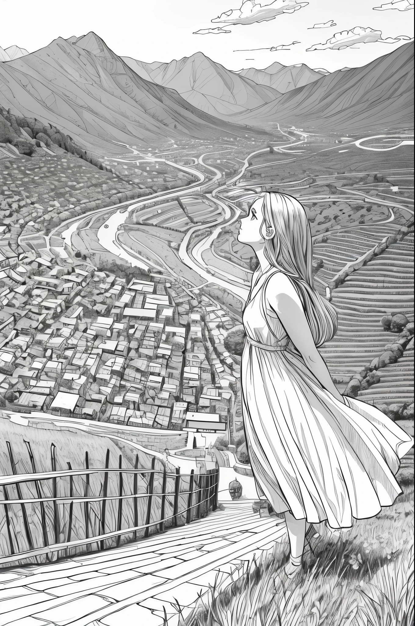 A coloring book for adults depicting a girl wearing a bright white dress walking along a mountain path with many gaps on either side of the mountain and vineyards. Women should be portrayed as beautiful as Emma Watson. The girl in the photo is looking up at the sky. It's a sunny day without a single cloud. Brightly illuminates the scene from the front, making the details of the scene brighter. The path and blue sky in the painting emphasize the vibrant environment. Brightly illuminates the scene from the front, making the details of the scene brighter. Its fine ink line art, Comic style, Beautiful curves of the human body, Ink blending, Manga style, comic artstyle, pencil and ink manga drawing. (High contrast, sketch, monochrome, clean line drawings for coloring books, whitening the entire screen: 1.3)
