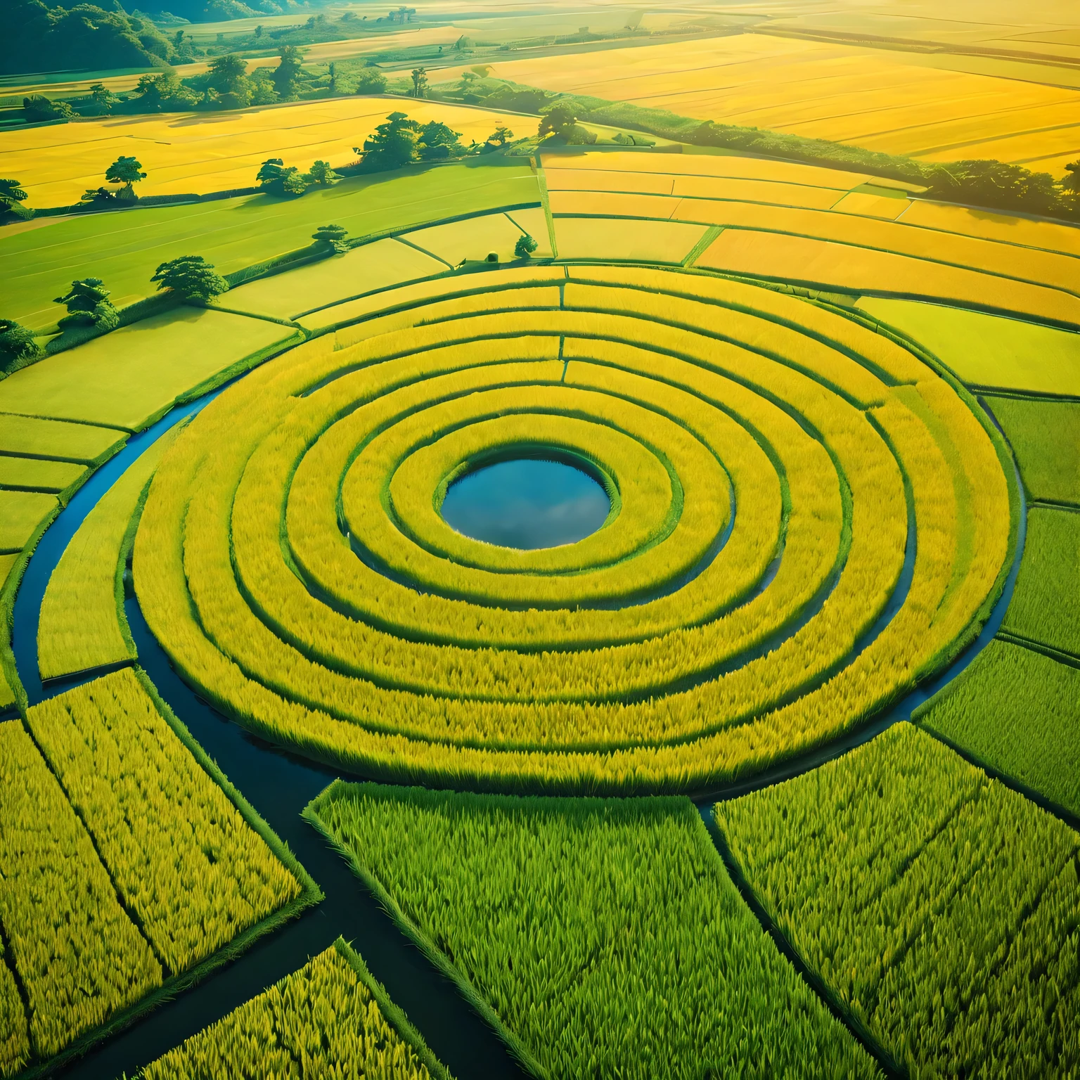 bird'eye view:Rice field strange circle,(best quality、Ultra-fine、lifelike:1.37)、(bright colors、Vibrant shades)、(landscape、nature)、(complex patterns、geometry)、(mystery、interesting)、(dazzling sunshine、warm light)、(Luxurious colors、surreal)、(majestic aerial perspective)、(Precise and symmetrical)、(charming beauty)、(mystery的符号)、(Stunning art display)、(charming scenery),(complex crop structure),(ethereal,magic),(marvel at complexity),(Incomprehensible patterns),(Really great),(ancient secrets),(extraodinary masterpiece)。