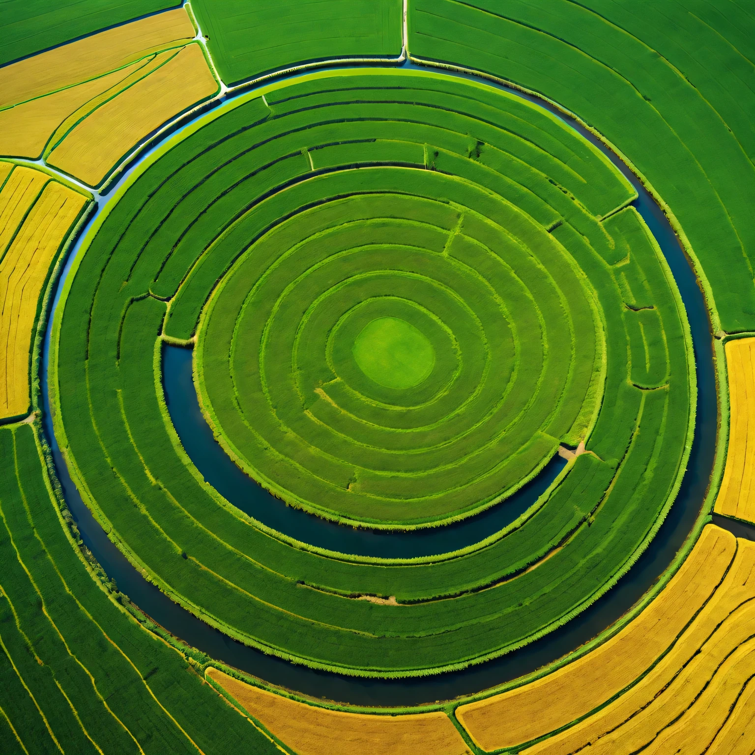 bird'eye view:Rice field strange circle,(best quality、Ultra-fine、lifelike:1.37)、(bright colors、Vibrant shades)、(landscape、nature)、(complex patterns、geometry)、(mystery、interesting)、(dazzling sunshine、warm light)、(Luxurious colors、surreal)、(majestic aerial perspective)、(Precise and symmetrical)、(charming beauty)、(mystery的符号)、(Stunning art display)、(charming scenery),(complex crop structure),(ethereal,magic),(marvel at complexity),(Incomprehensible patterns),(Really great),(ancient secrets),(extraodinary masterpiece)。