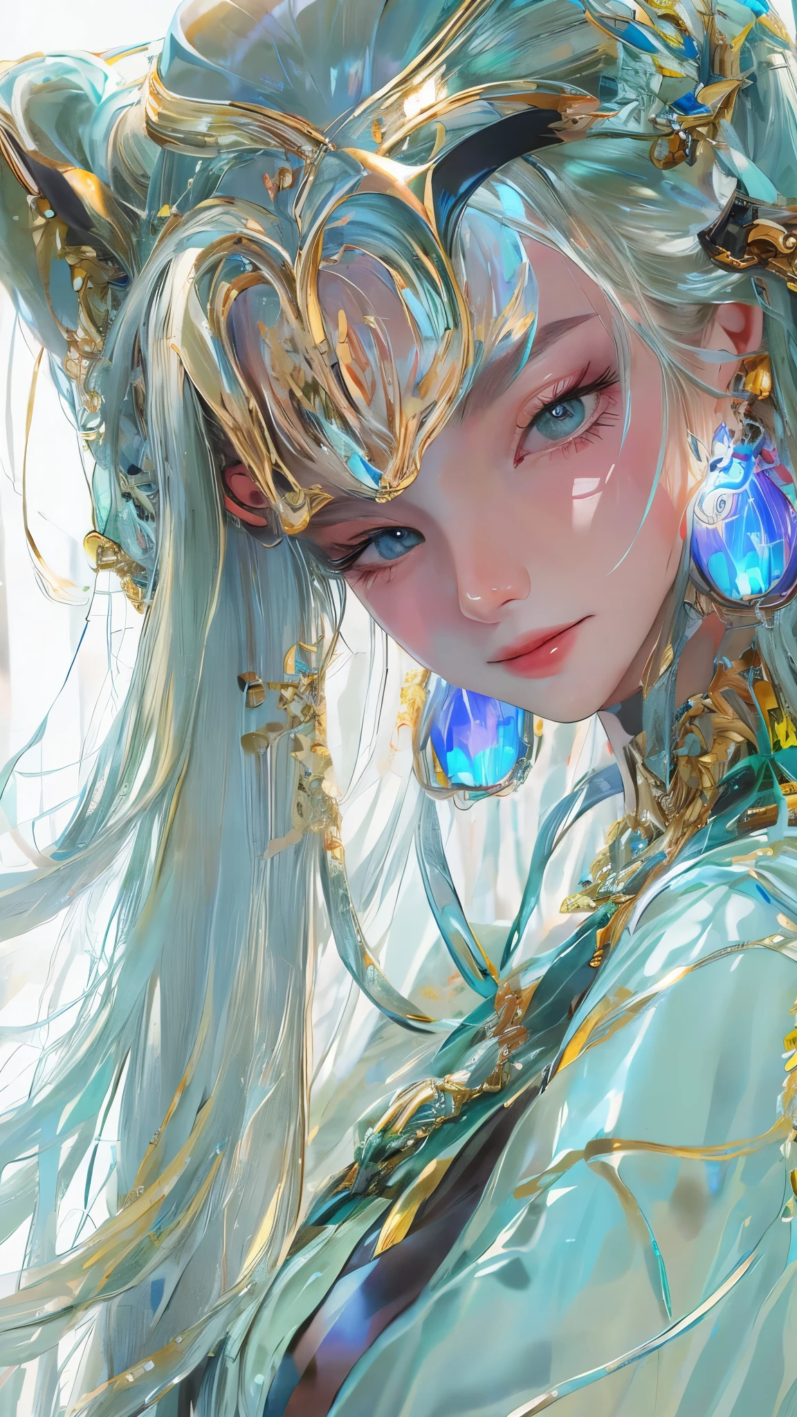 Tang suit，Chinese Hanfu，face close-up，a image of a woman wearing colorful robot tech, in the style of free-flowing surrealism, shiny/glossy, precise and lifelike, hard surface modeling, precisionist lines, light silver and azure, engineering/construction and design，Luminous headphones, Luminous hair accessories, long hair, Luminous earrings, glow necklace, cyberpunk,transparent clothes，rainbow colors