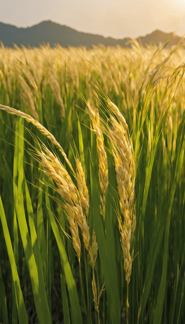 rice paddy/paddy(masterpiece, best quality, Super detailed, lifelike),光暈渲染在一望無際paddy.夕陽西下照映paddy.Brilliant light and shadow.Close-up of rice ears.plump and low.The wind blows the rice waves.paddy旁的野餐.There are ears of rice in the foreground(best quality,4k,8K,high resolution,masterpiece:1.2),super detailed,