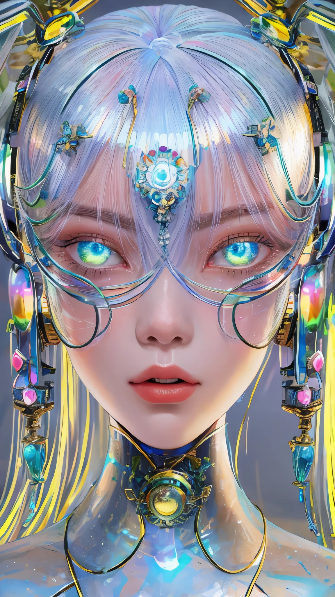 Tang suit,Chinese Hanfu,face close-up,a image of a woman wearing colorful robot tech, in the style of free-flowing surrealism, shiny/glossy, precise and lifelike, hard surface modeling, precisionist lines, light silver and azure, engineering/construction and design,Luminous headphones, Luminous hair accessories, long hair, Luminous earrings, glow necklace, cyberpunk,transparent clothes,rainbow colors