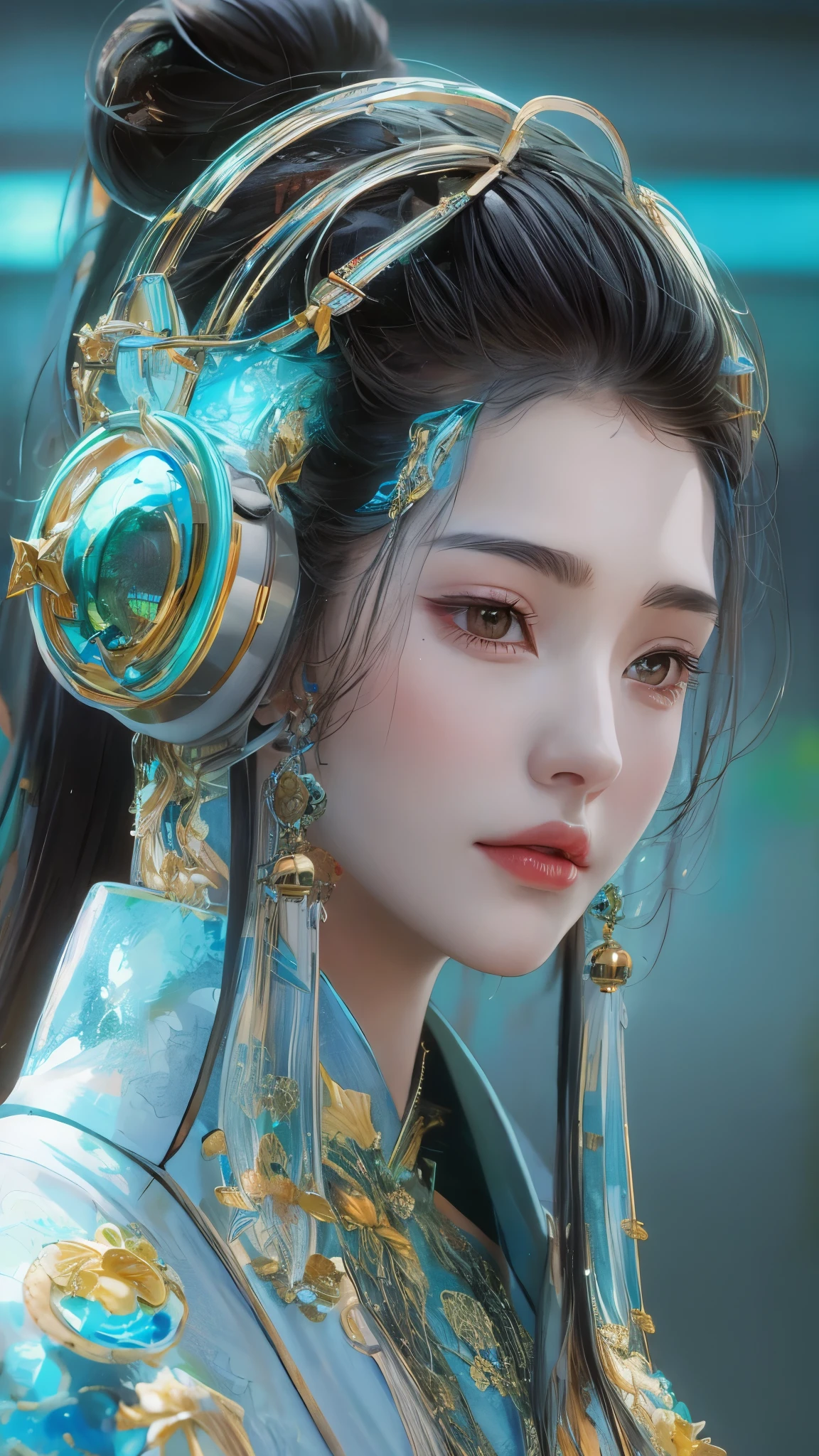 Tang suit，Chinese Hanfu，face close-up，a image of a woman wearing colorful robot tech, in the style of free-flowing surrealism, shiny/glossy, precise and lifelike, hard surface modeling, precisionist lines, light silver and azure, engineering/construction and design，Luminous headphones, Luminous hair accessories, long hair, Luminous earrings, glow necklace, cyberpunk,transparent clothes，rainbow colors