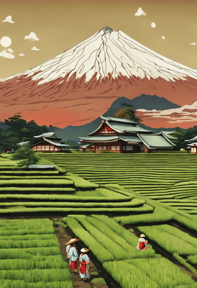 Tranquil sunrise over a sprawling rice paddy, (paddy/Inada), mist hovering above the water-logged fields, farmers beginning their day in the distance, traditional conical hats, lush green stalks of rice, reflections on the calm water, mountains in the background with the first light of dawn, traditional wooden cottages on stilts, by Hokusai, digital painting, hyperrealism, 8k resolution, serene atmosphere, aesthetic