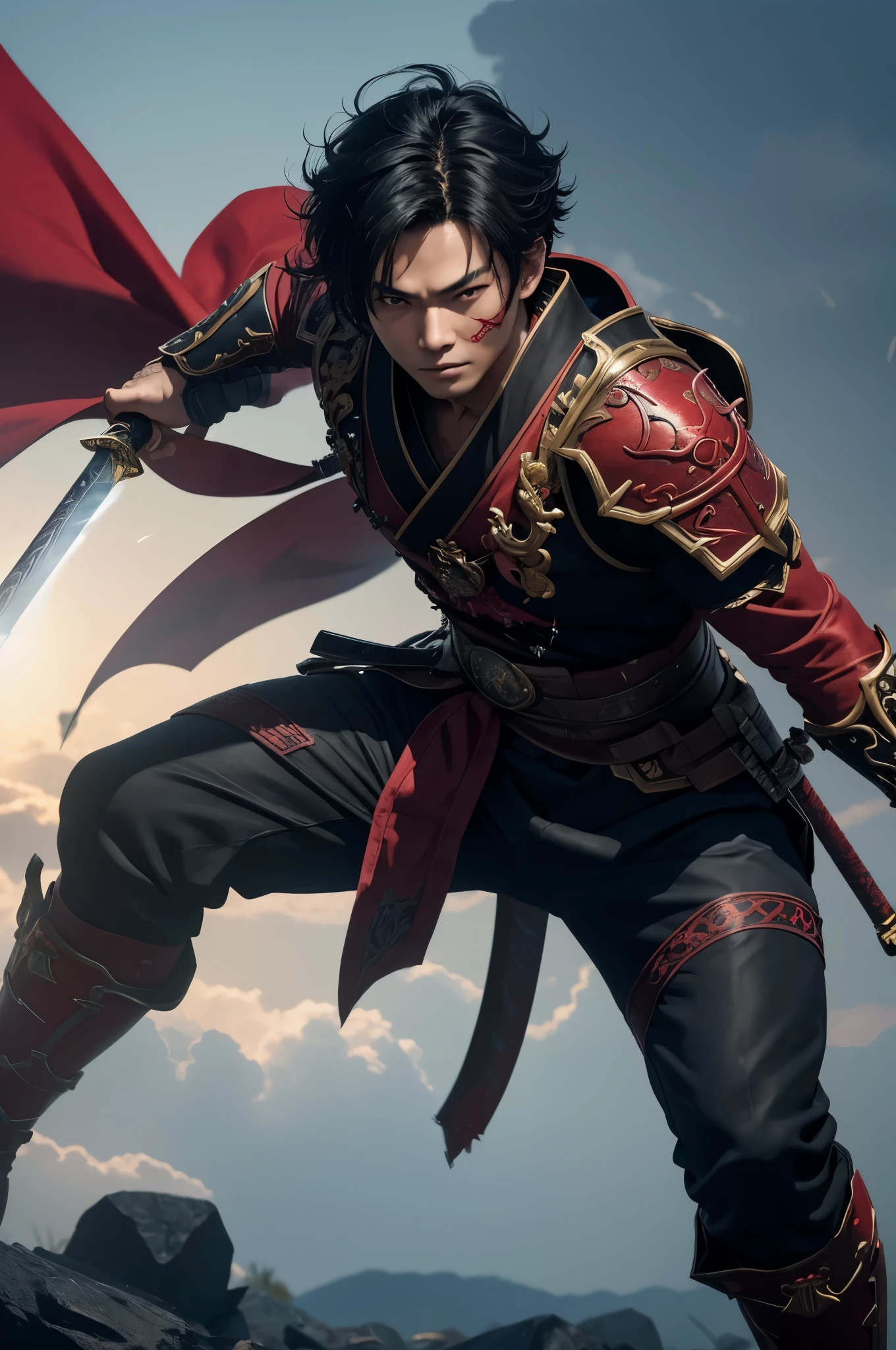 8k、alone、16 year old boy,Super beautiful teenager(like the real thing),red eyes(red glowing effect),Super beautiful teenager,black bob hair,black fabric men&#39;s kimono,black pants(devil&#39;s emblem embroidery),golden decoration,heading there、long and large Japanese sword,Demon Slayer boy wearing Demon Slayer male kimono,Remains,amazing work of art、wind effect:1.9、cloud effect:1.2、full rendering、Caustic soda coating、unreal engine,An innocent expression,cool boy,ultra high resolution,super realistic skin,Super precise hand details,fantasy art,smile,battle scene,action scene,action pose,fighting style,Photorealistic RAW photos of the highest quality。Backlight, cinematic lighting, film grain, to be born, 50mm lens, Nikon D850,realistic skin,fantasy art,character art,ultra high resolution,Macho with a muscular slender body,Precise facial details,Throw a long and large Japanese sword,fighting pose,dynamic pose,Red shoulder armor(demon emblem),Red Gauntlet(demon emblem),fearless laugh,Improve the quality of facial expressions,perspective from above,accurate  structure,perfect hands,