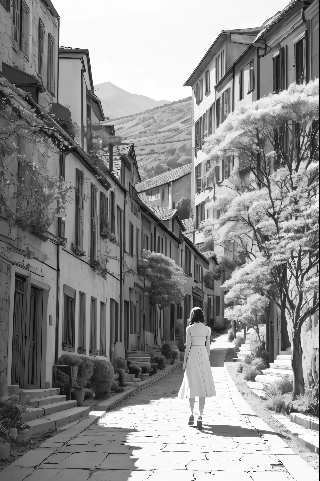 A coloring book for adults depicting a girl wearing a bright white dress walking along a mountain path with many gaps on either side of the mountain and vineyards. Women should be portrayed as beautiful as Emma Watson. The girl in the photo is looking up at the sky. It's a sunny day without a single cloud. Brightly illuminates the scene from the front, making the details of the scene brighter. The path and blue sky in the painting emphasize the vibrant environment. Brightly illuminates the scene from the front, making the details of the scene brighter. Its fine ink line art, Comic style, Beautiful curves of the human body, Ink blending, Manga style, comic artstyle, pencil and ink manga drawing. (High contrast, sketch, monochrome, clean line drawings for coloring books, whitening the entire screen: 1.3)