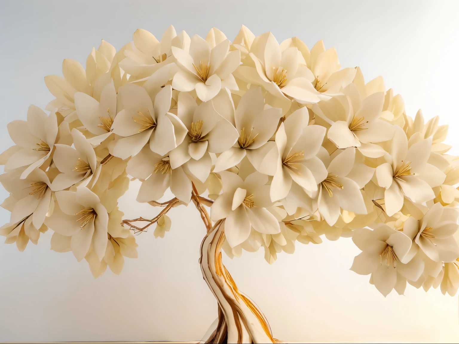 linsda arvore com tronco dourado e flores brancas, fundo branco