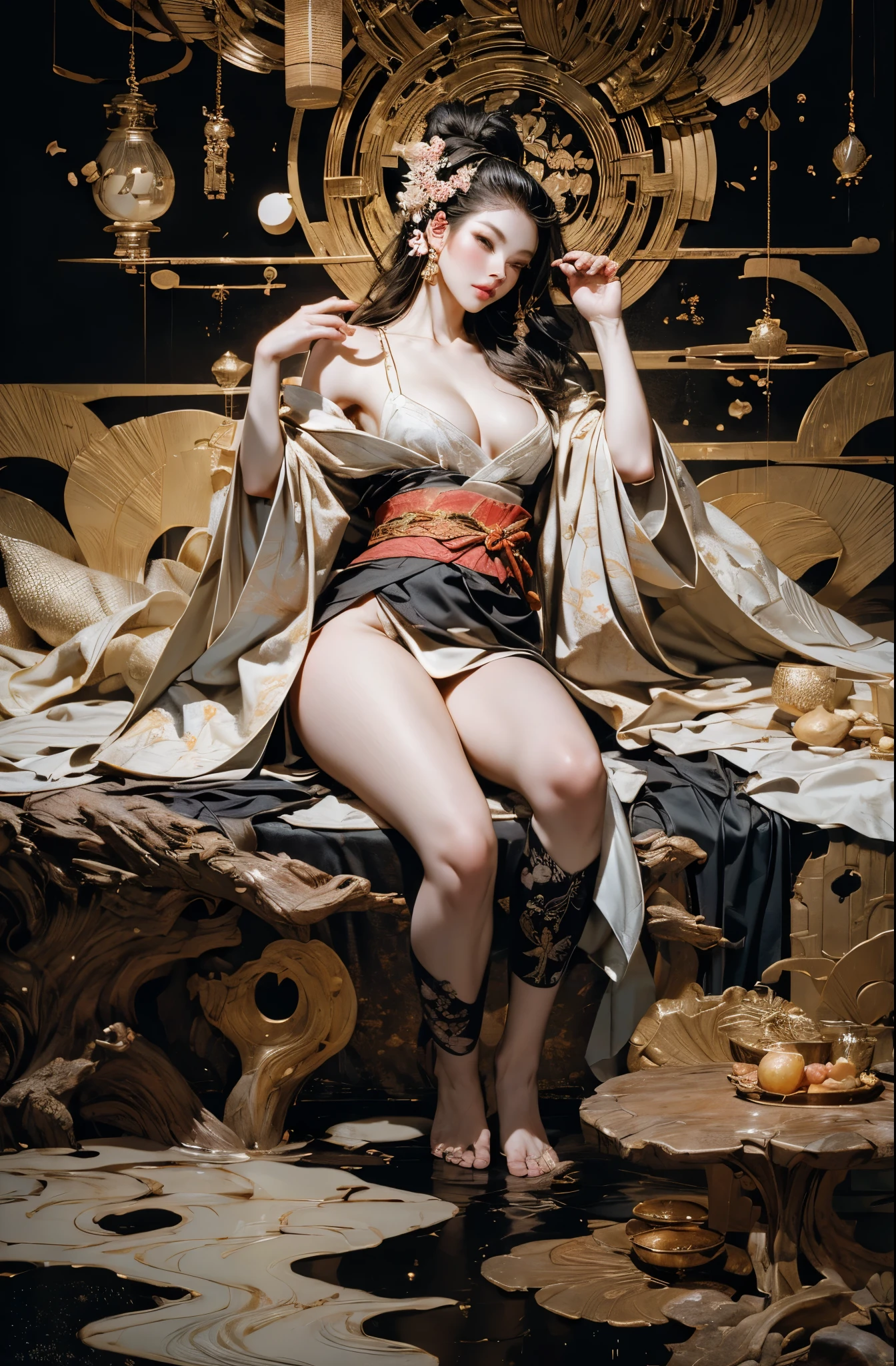 Umalinda warrior , pretty face, Delicious Company, Alluring figure, Wearing a  open kimono. The artwork is created in a medium reminiscent of Japanese ink paintings....., 具有大胆的笔触和Monochromatic color palette. artist'Masterful technique reveals the intensity and power of the image'sense of presence，with the highest quality, Perfectly capture every detail with ultra-high resolution. Textures and intricate patterns on kimonos are rendered with extreme precision. Lighting is carefully designed，Enhance drama, Features deep shadows and subtle highlights. General, The artwork exudes elegance and power, Combining traditional Japanese aesthetics with a modern feel. Monochromatic color palette, Combine details, Create captivating and immersive experiences for your audience.