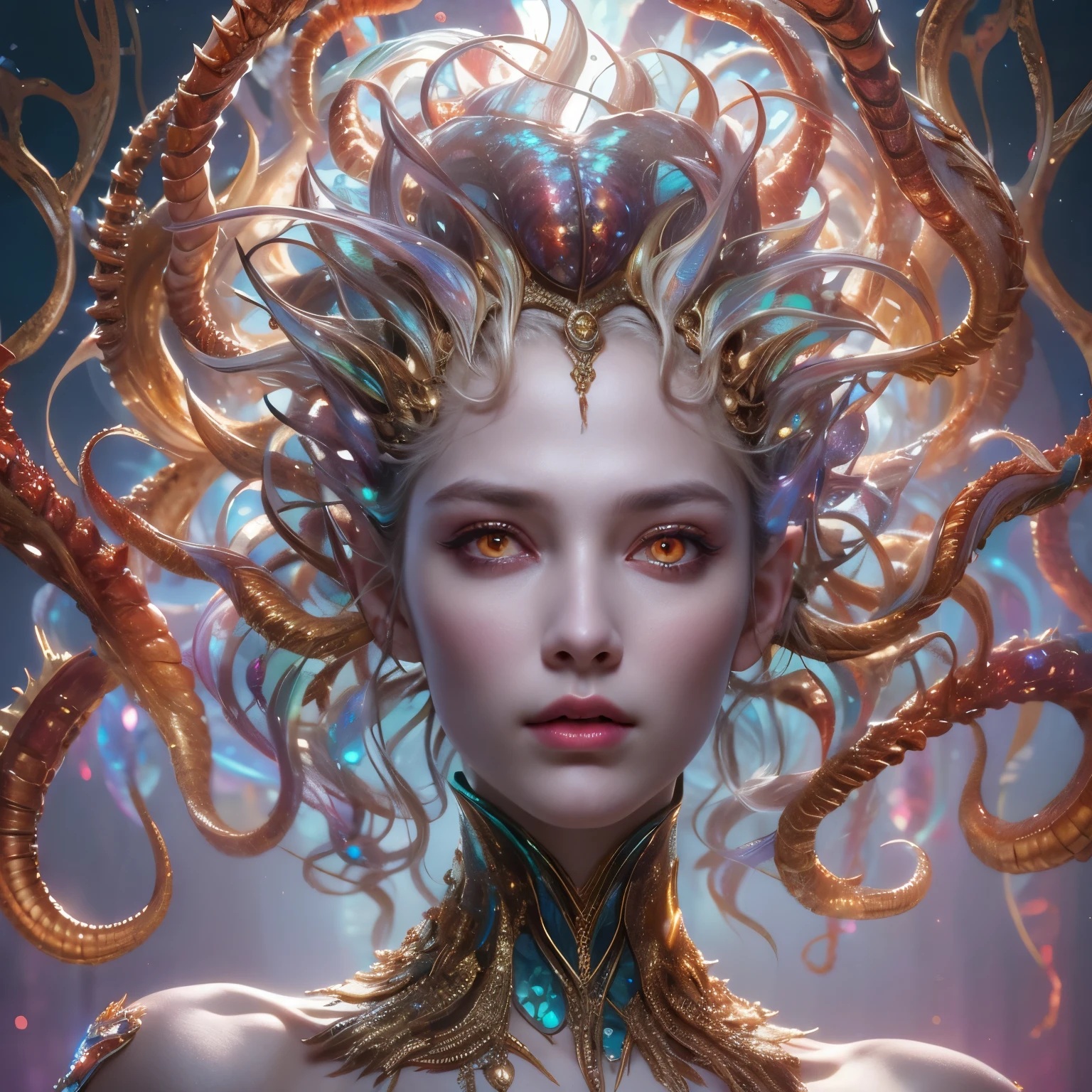 (1 female medusa-like mutant: 1.2), With a beautiful, enchanting face, this alien seduces us with her allure. Her captivating red eyes gleam brightly, reminiscent of burning embers. Her full body is unlike any human's, boasting a sexy, otherworldly form. No humans are present in this scene as she stands alone, her cells fused in a unique and intriguing extraterrestrial way.
(extraordinary beautiful nude photo:1.4), (glowing Sardonyx eyes:1.5), (sexy and glamorous:1.1), (coquettish expression:1.2), toned lean body, (muscular:1.2), (beautiful abs:1.5), beautiful nipples, She has lots of iridescent translucent tentacles instead of her hair, pale skin, (white skin with prominent veins:1.3),
Lots of iridescent translucent tentacles adorn her body, shimmering under the dramatic lighting. Her pale skin, with a hint of translucency, adds to her ethereal allure. This masterpiece, rendered in, (There is a female genital-like organ in the middle of the forehead:1.6),
