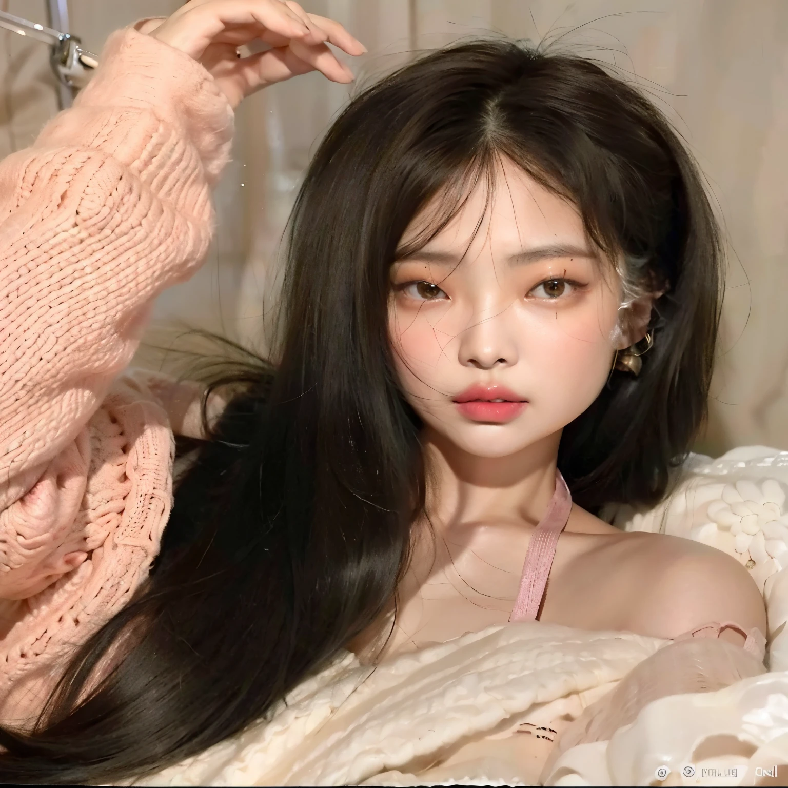 jennie kim rubia, uma mulher com longos cabelos pretos deitada na cama, Ulzzang, cruel korean goth girl, coreana, linda mulher sul-coreana, pale round face, young lovely korean face, Linda jovem coreana, franja longa e reta, ela tem cabelo preto com franja, com cabelos longos e olhos penetrantes, adorable and pale korean face, young pale and beautiful asian face, jennie blackpink