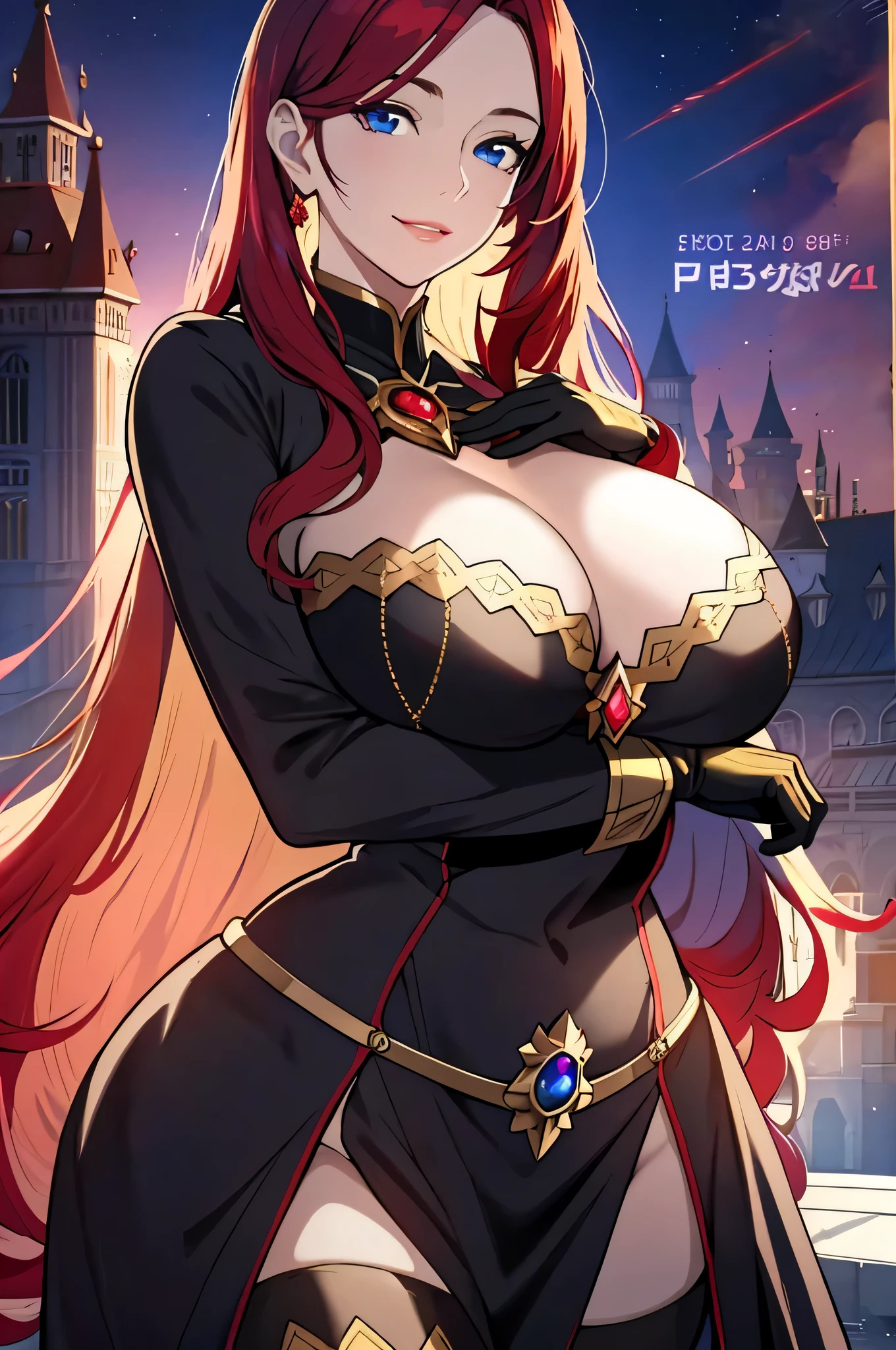 Lian, red hair, hair stick, bangs, blue eyes, solo, smiling, standing, upper body, hips, bare shoulders,purple thighhighs, black dress, gold jewelry,armor,gloves,circlet, cleavage, red and gold royal castle, gigantic breasts, (best quality, masterpiece, beautiful and aesthetic:1.2, highest detailed face, perfect face,) eyes, perfect face,expressive eyes,
looking at viewer, in the center of the image,(Upper_body),(Focus on her face),
official art,extremely detailed CG unity 8k wallpaper, perfect lighting,Colorful, Bright_Front_face_Lighting,shiny skin,
(masterpiece:1.0),(best_quality:1.0), ultra high res,4K,ultra-detailed