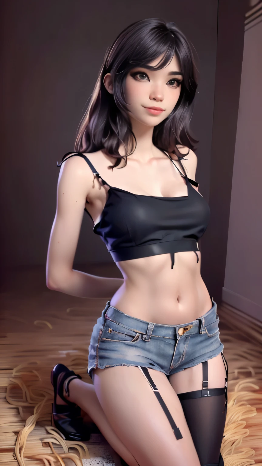 photo of Emiru, RAW, beautiful woman, ((portrait)), ((detailed face:1.2)), shy smile, ((detailed facial feature, detailed skin, clear skin), (perfect proportioned body), ((wearing spaghetti strap cropped top:1.5),  (Kneeling on floor, arms behind back:1.3), (high detailed bedroom environment), (realistic photo, best quality, detailed), (8k wallpaper), (cinematic lighting, dramatic lighting) (sharp focus, intricate)