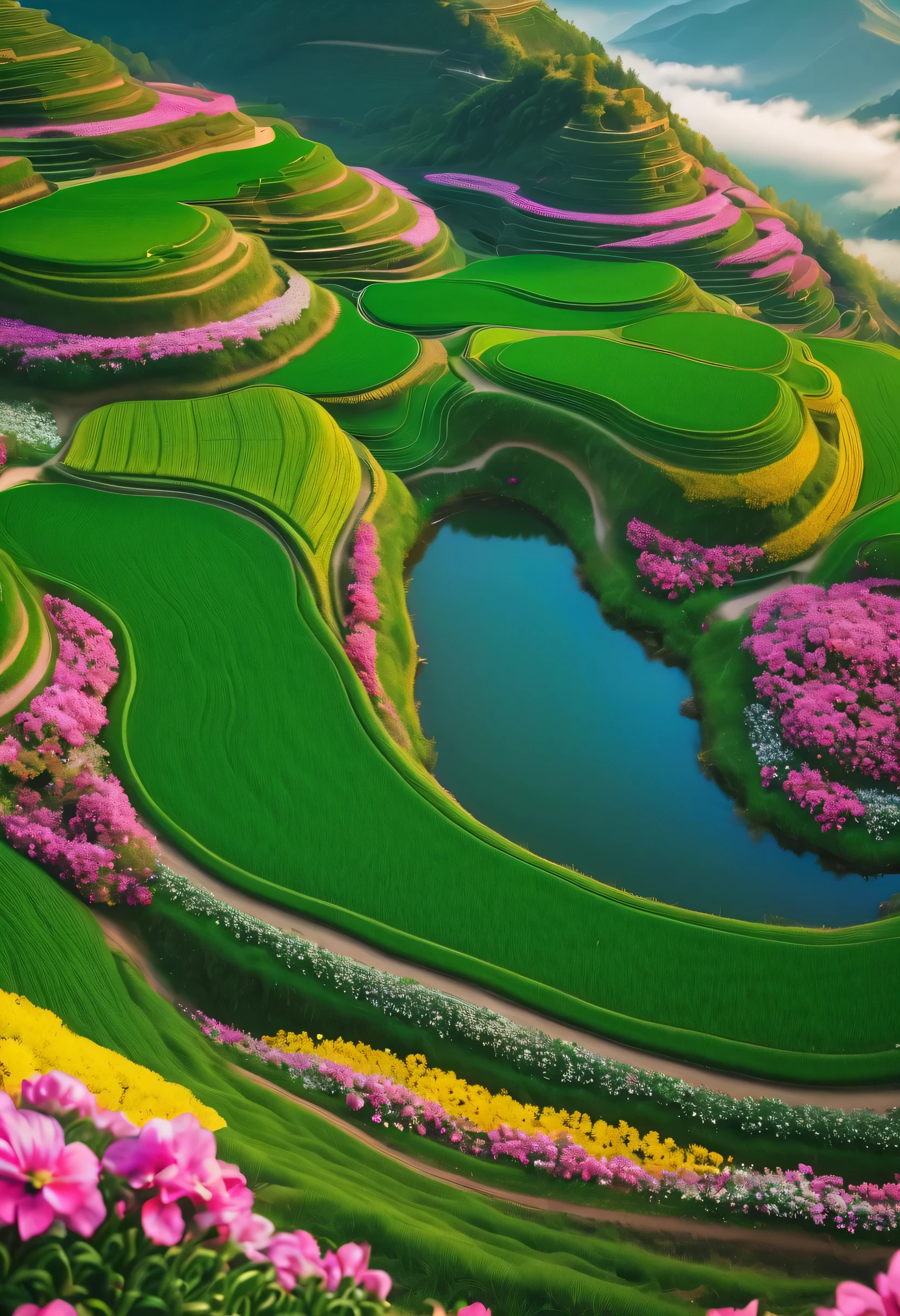 （best quality，4k，8k，high-rise building，masterpiece：1.2），Ultra-fine，overhead shot，Amazingly beautiful views，paddy，Green grass bright color，blooming flowers，work，nature奇觀，Serene countryside，sunny fields，river，beautiful scenery，Spectacular panorama，Harvest time，The charm of agriculture，the tranquility of the landscape，nature，Lively and bustling scenery，Happy and cheerful atmosphere，majestic mountains and hills，embody the essence of spring，Celebrate life and renewal，rich and prosperous，bumper harvest，terraces in bloom，Festive and lively atmosphere

