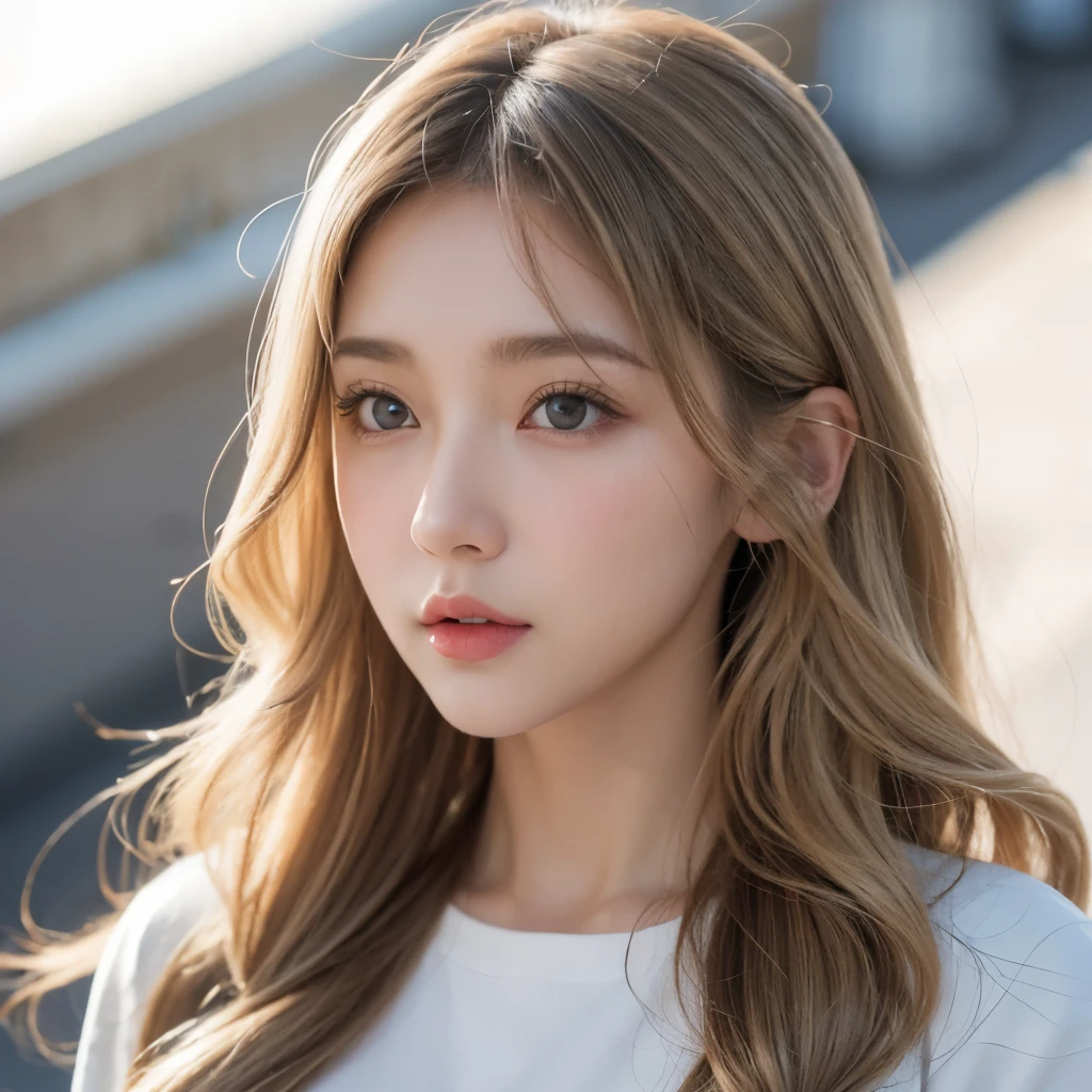 Girl, brown-blonde hair, gray eyes, calm features, white skin, wavy hairstyle, anime background