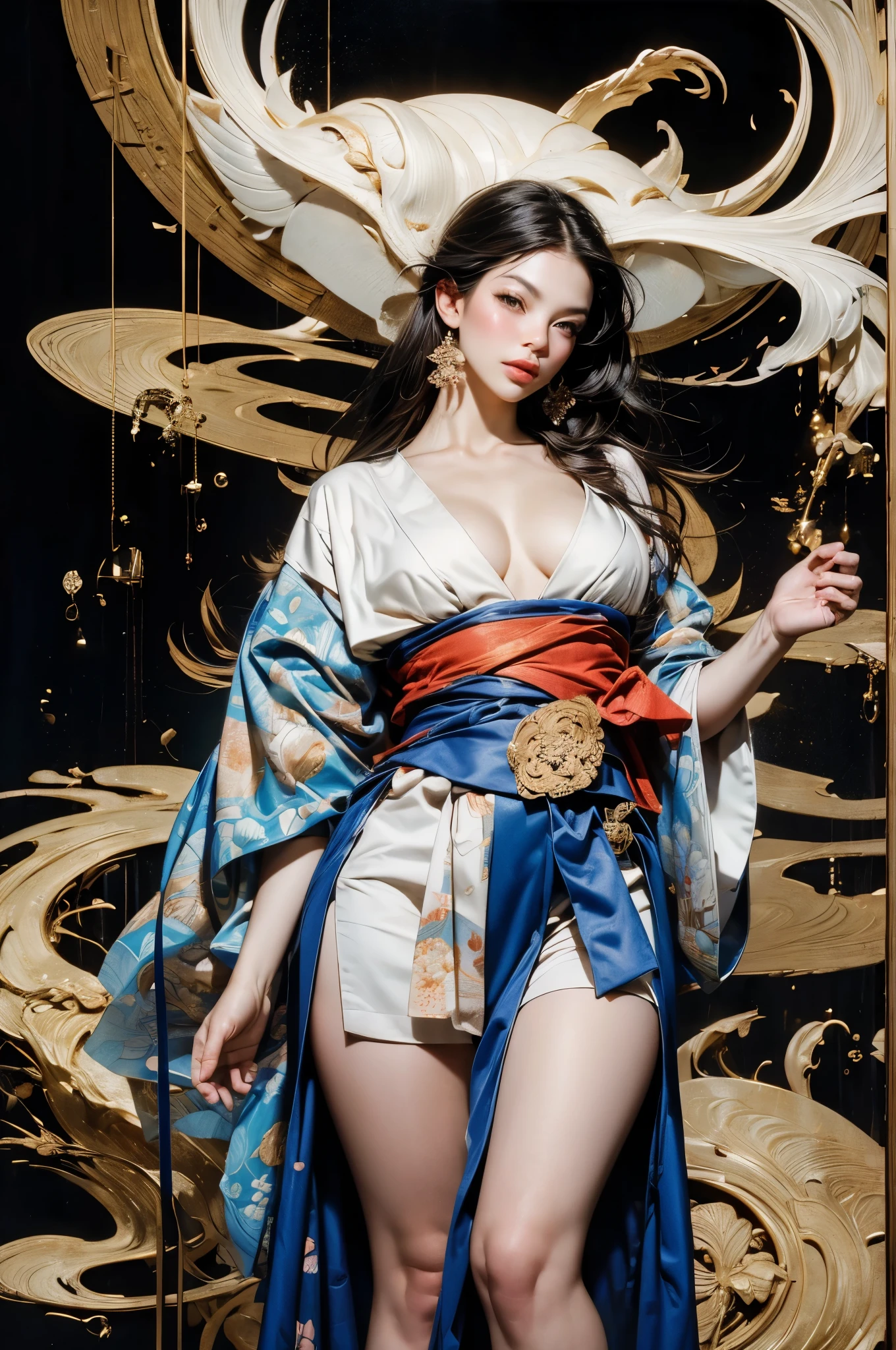 Umalinda warrior sexy, pretty face, Delicious Company, Alluring figure, Wearing a sexy open kimono. The artwork is created in a medium reminiscent of Japanese ink paintings....., 具有大胆的笔触和Monochromatic color palette. artist'Masterful technique reveals the intensity and power of the image'sense of presence,with the highest quality, Perfectly capture every detail with ultra-high resolution. Textures and intricate patterns on kimonos are rendered with extreme precision. Lighting is carefully designed,Enhance drama, Features deep shadows and subtle highlights. General, The artwork exudes elegance and power, Combining traditional Japanese aesthetics with a modern feel. Monochromatic color palette, Combine details, Create captivating and immersive experiences for your audience.