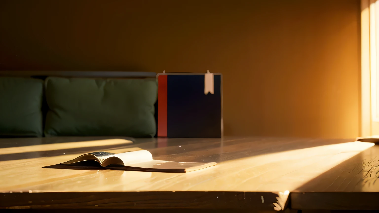 (8k, masterpiece,best quality), Super detailed, beautiful details, lifelike, There is a real book on the table in the middle of the picture,There is a bookmark arrow in the upper right corner of the book,surrounded by flowers and plants,coffee,sofa,soft sunshine,shadow,高级灰色粗砂texture,Award-winning, Material Design, There is a gradient, Mondrian style,texture,depth of field,16:9
