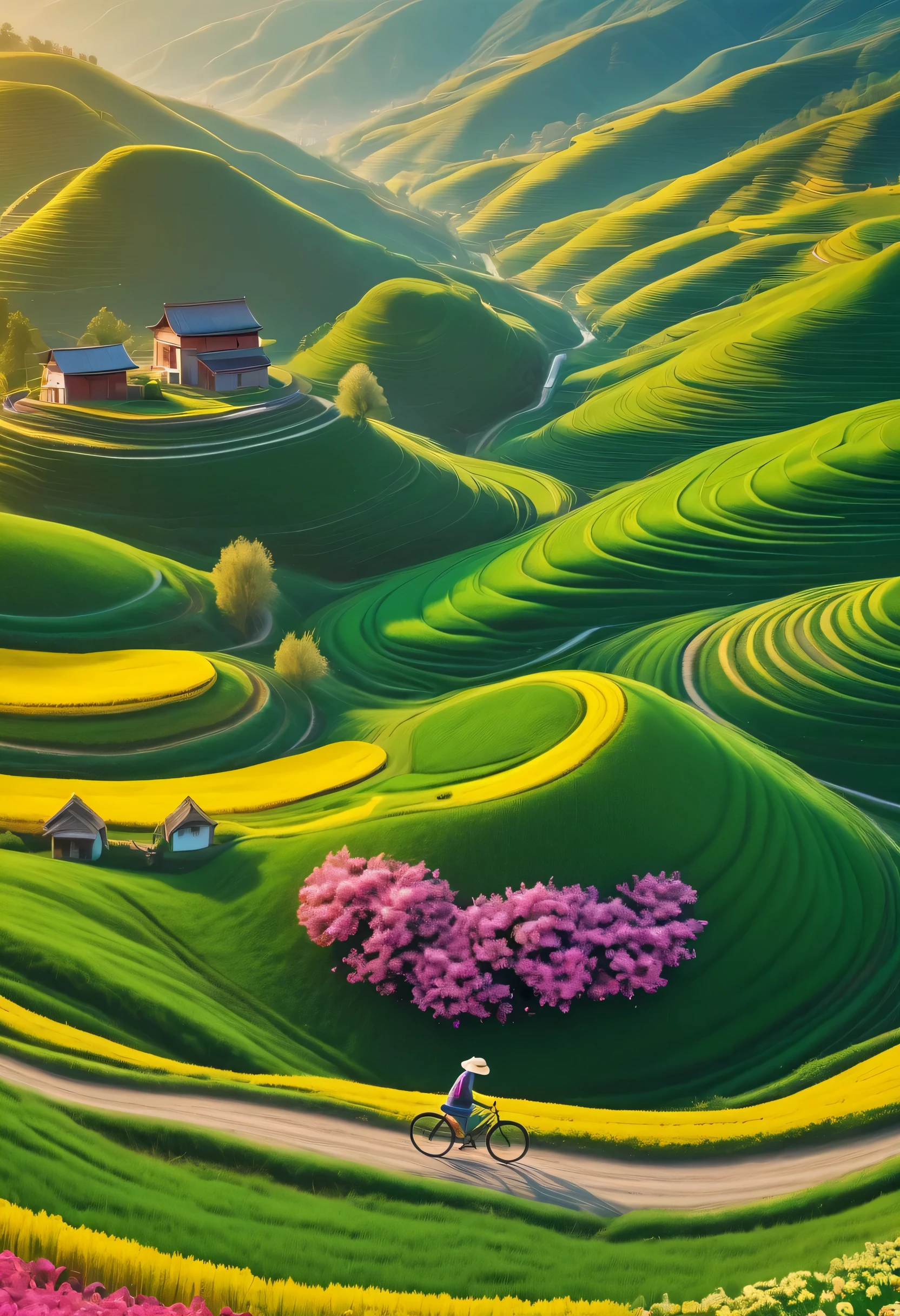 （best quality，4k，8k，high-rise building，masterpiece：1.2），Ultra-fine，overhead shot，overlooking，Amazingly beautiful views，paddy，Green grass bright color，blooming flowers，Girl riding bicycle on winding road，nature奇觀，Serene countryside，sunny fields，Harvest time，The charm of agriculture，the tranquility of the landscape，nature，Lively and bustling scenery，Happy and cheerful atmosphere，majestic mountains and hills，embody the essence of spring，Celebrate life and renewal，rich and prosperous，bumper harvest，terraces in bloom，Festive and lively atmosphere

