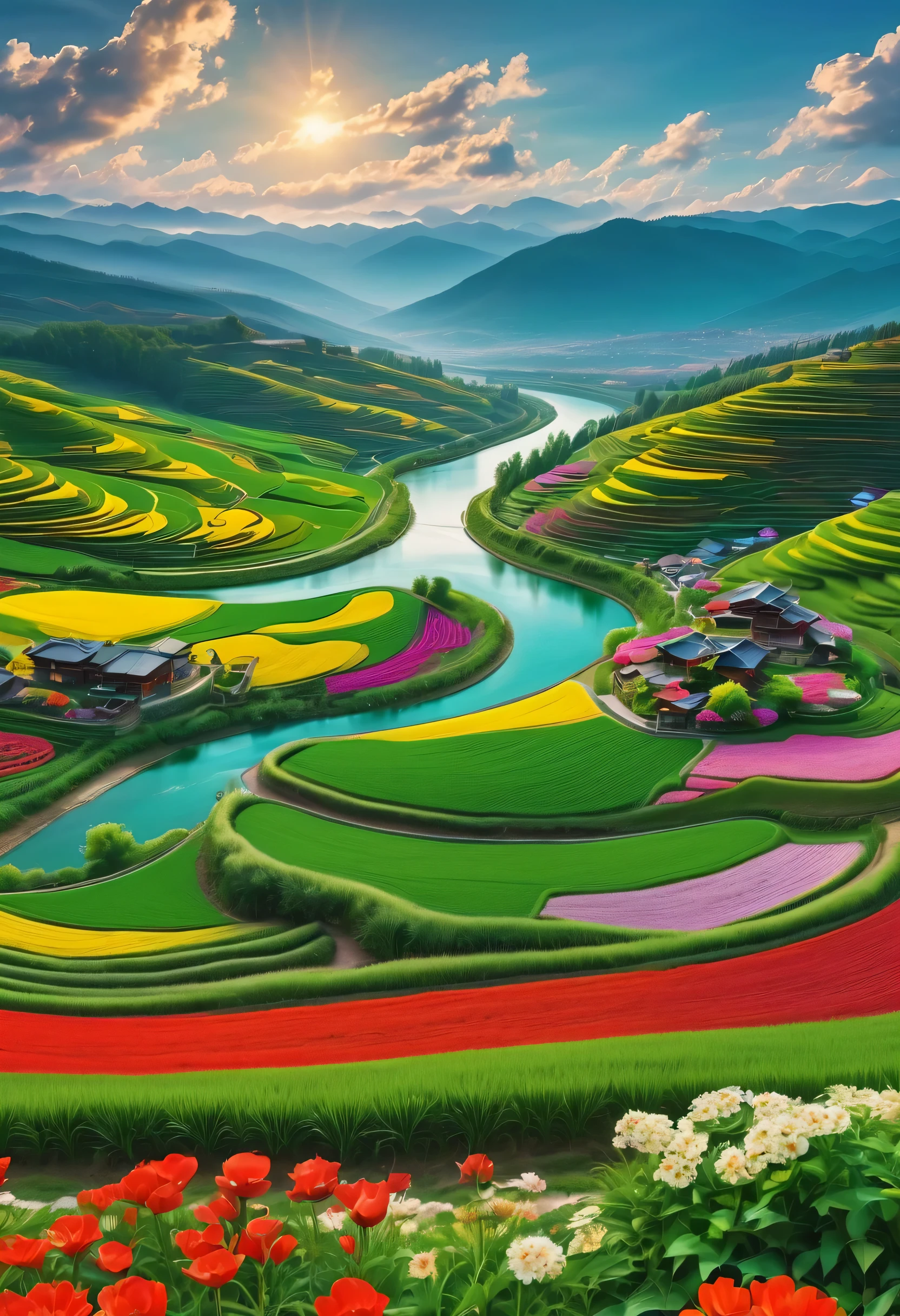 (best quality,4k,8k,high-rise building,masterpiece:1.2),Ultra-fine,overhead shot,Amazingly beautiful views,paddy,Green grass bright color,blooming flowers,work,nature奇觀,Serene countryside,sunny fields,river,beautiful scenery,cloud,Spectacular panorama,Harvest time,The charm of agriculture,the tranquility of the landscape,nature,Lively and bustling scenery,Happy and cheerful atmosphere,majestic mountains and hills,embody the essence of spring,Celebrate life and renewal,rich and prosperous,bumper harvest,terraces in bloom,Festive and lively atmosphere