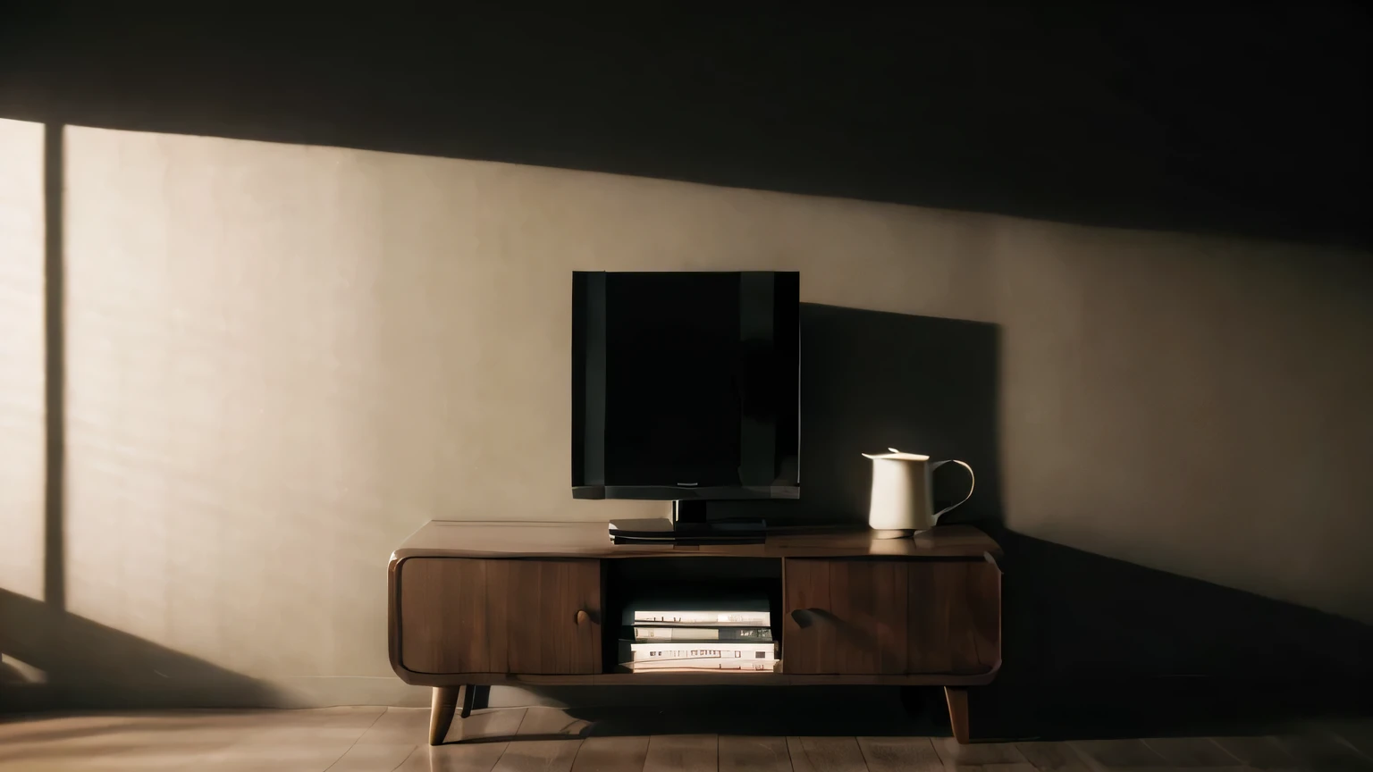 (8k, masterpiece,best quality), Super detailed, beautiful details, lifelike, daytime,There is a retro TV on the table in the middle of the picture,There is a bookmark arrow in the upper right corner,coffee,sofa,soft sunshine,shadow,neon texture,Award-winning, Material Design, There is a gradient, cyberpunk style,Scenes,depth of field,16:9