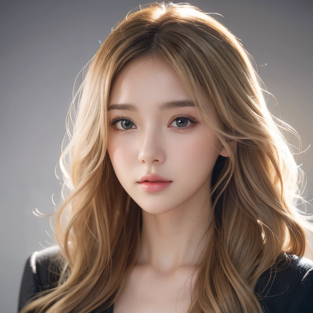 Girl, brown-blonde hair, gray eyes, calm features, white skin, wavy hairstyle, anime background
