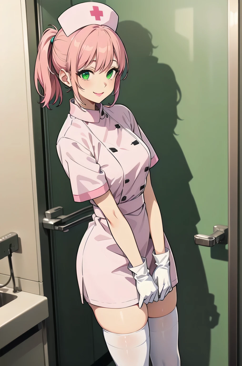 1 female, alone, nurse, nurse cap, white clothes, ((white legwear, zettai ryouiki)), white gloves, pink hair, green eyes, droopy eyes, pink lips, smile, Are standing, ((hospital room)), sharp outline, short sleeve, mature woman, 32 years old, highest quality, masterpiece