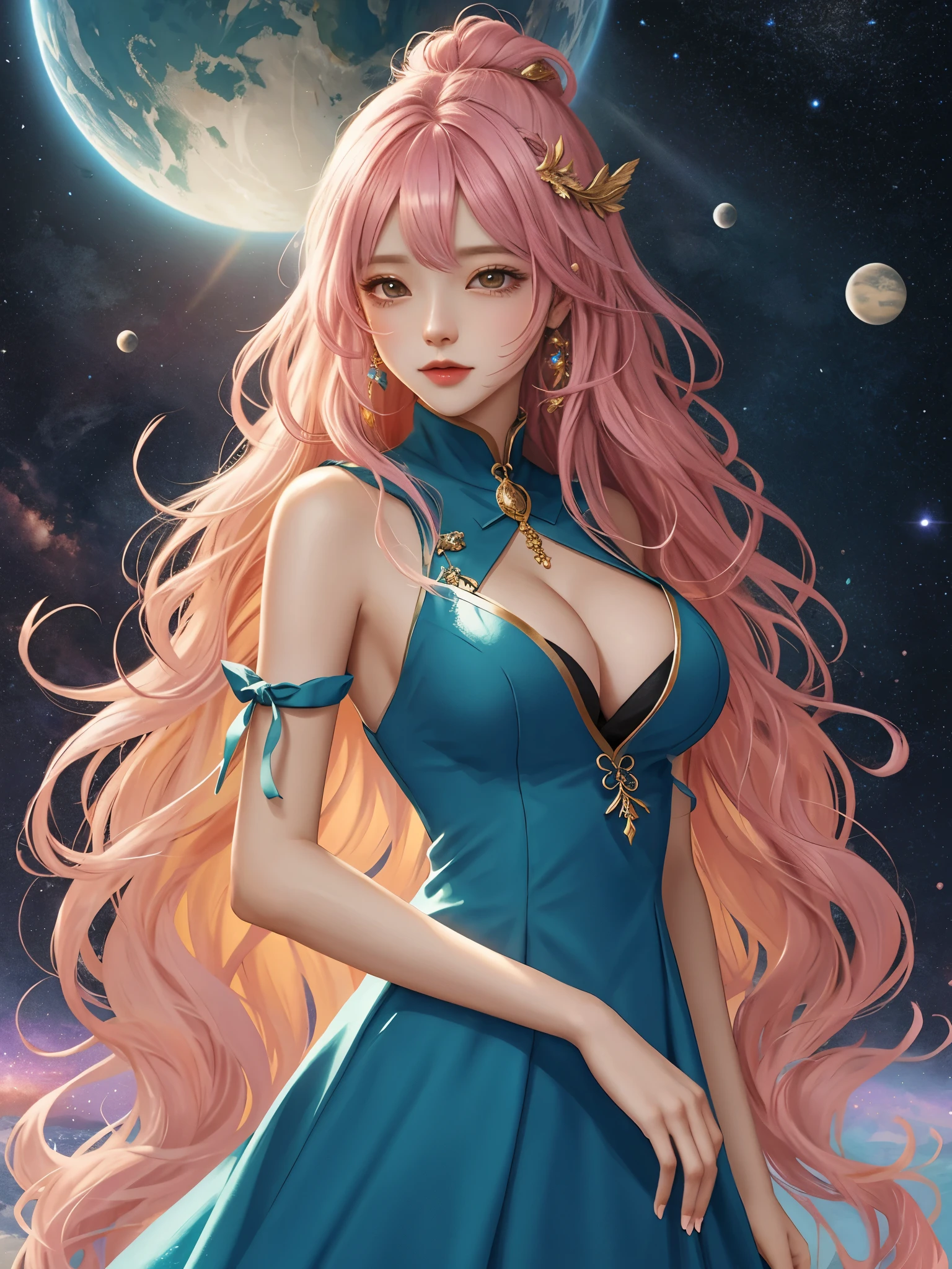 colorfulな髪とネックレスを持つ女性のクローズアップ, anime girl with space hair, The soft vibrancy of Ross Dress, Gviz-inspired artwork, fantasy art style, colorful]", vivid fantasy style, rossdraws cartoon vibrant, colorful, Gweiz, colorfulなデジタル ファンタジー アート, great art style, beautiful anime style, shining hair、huge breasts
