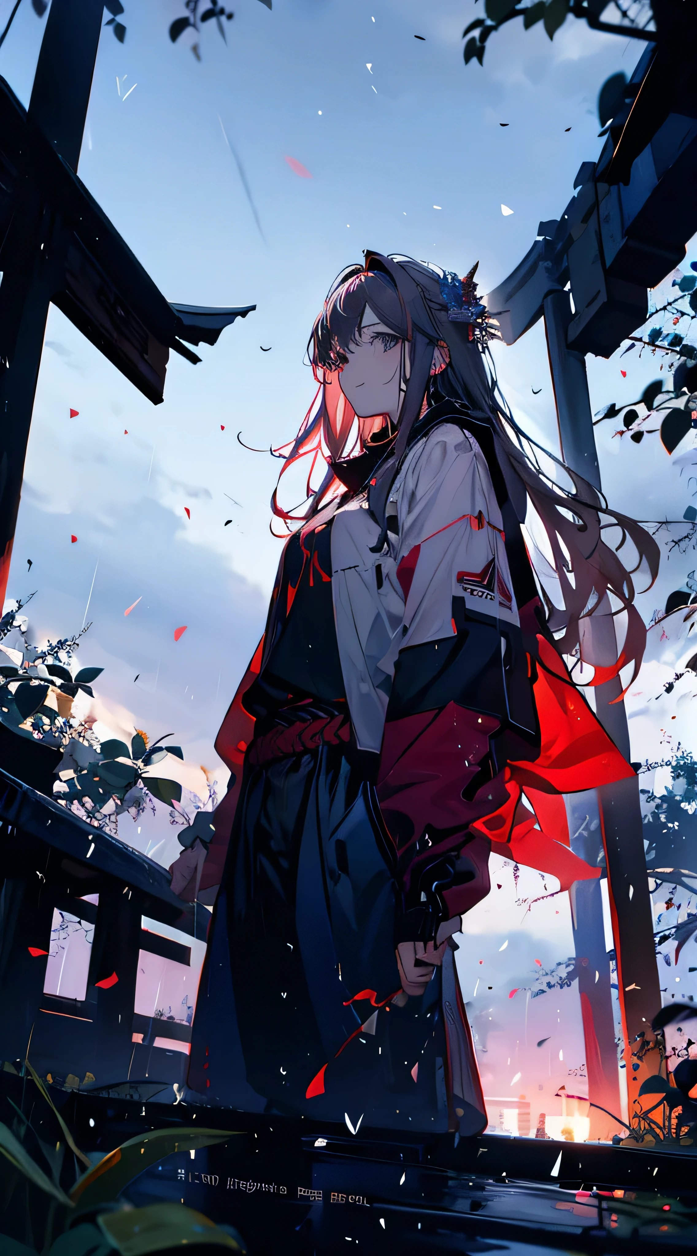 maximum sharpener, flame, dark theme, red aura, blue aura, purple aura, best quality, ultra detail, masterpiece, rain, 1girl, solo, outdoors, wet, standing, building, looking at viewer, holding, long sleeves, long hair, grey hair, torii, blue flower hair ornament, bright blue eyes, smile, t - shirt, katana